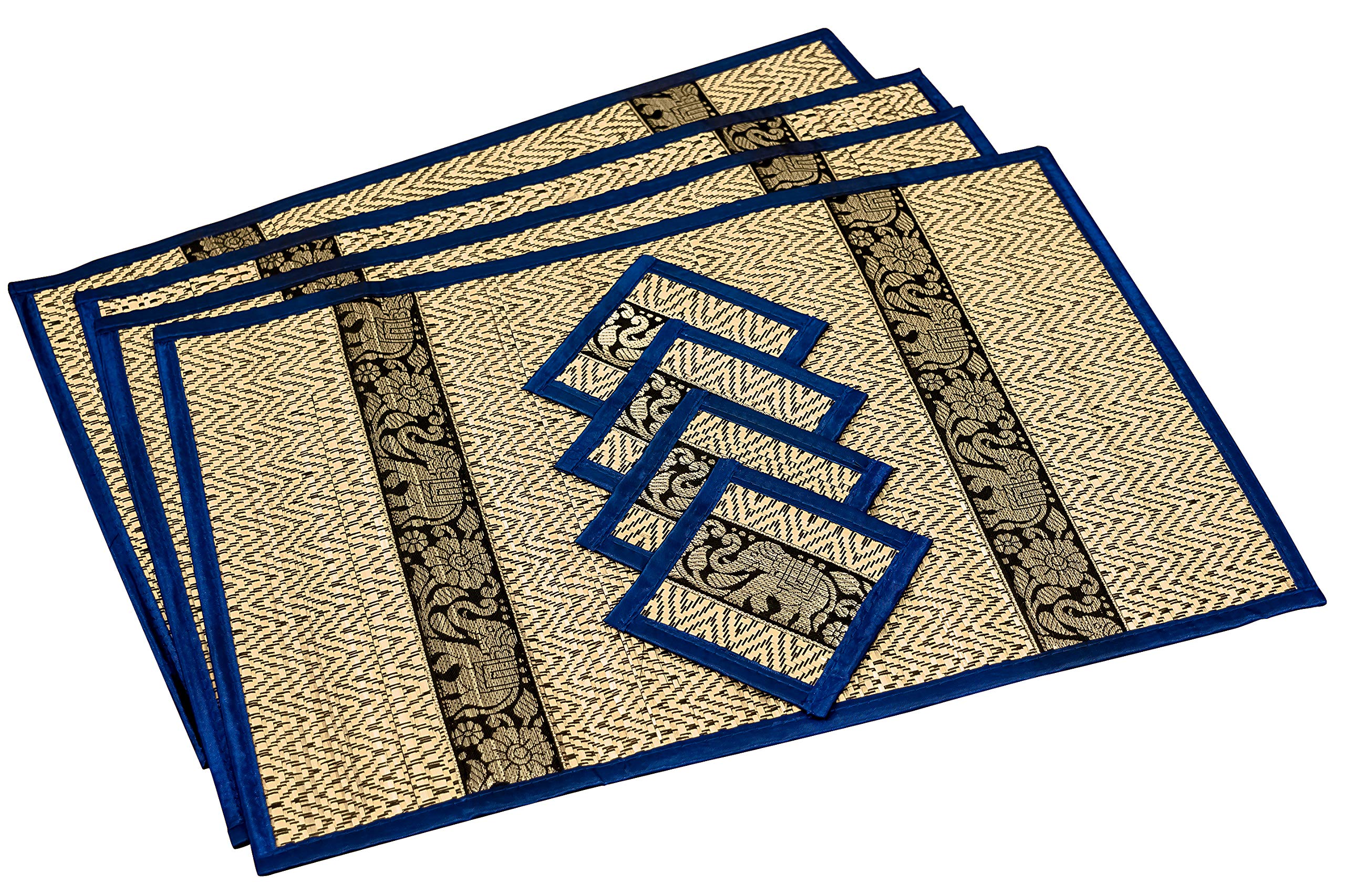 Hand-Woven Wicker Reed Placemats Coaster Set Eco-Friendly Alternative to Plastic Heat Resistant Thai Style Durable Easy to Clean for Dining Table Set of 4 (Large ST Navy Blue)