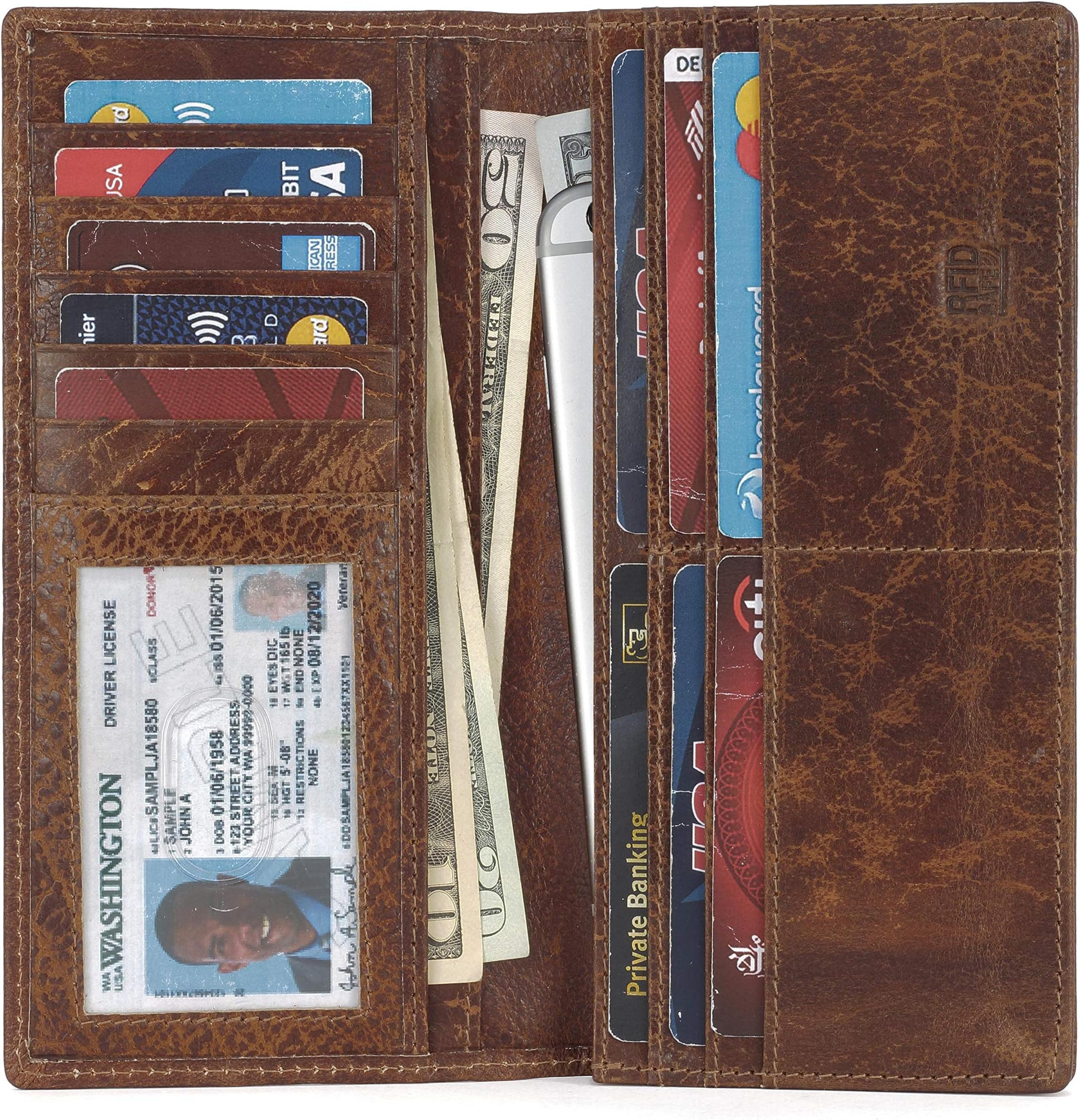 Mou MerakiRFID Blocking Mens Genuine leather Bifold Long Wallet, BARK TAN, One Size, Vintage