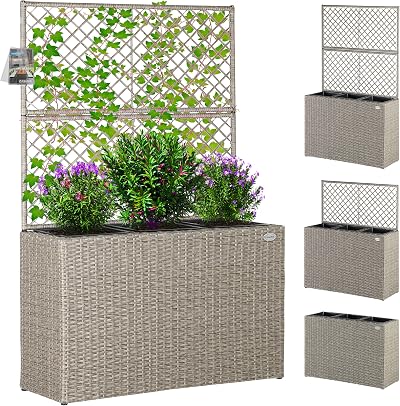 CASARIA Polyrattan Planter with Cream Trellis 146 x 83 x 30.5 cm Set of 3