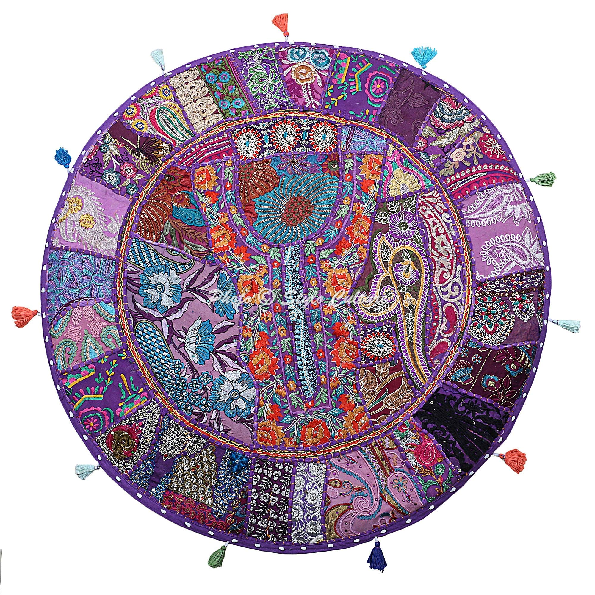 Stylo Culture Indian Round Floor Cushion Sofa Throw Pillow Cover Purple 70x70 cm Vintage Patchwork Hallway Boho Big Pillows 28 inch Lounge Cotton Embroidered Chair Seating Cover