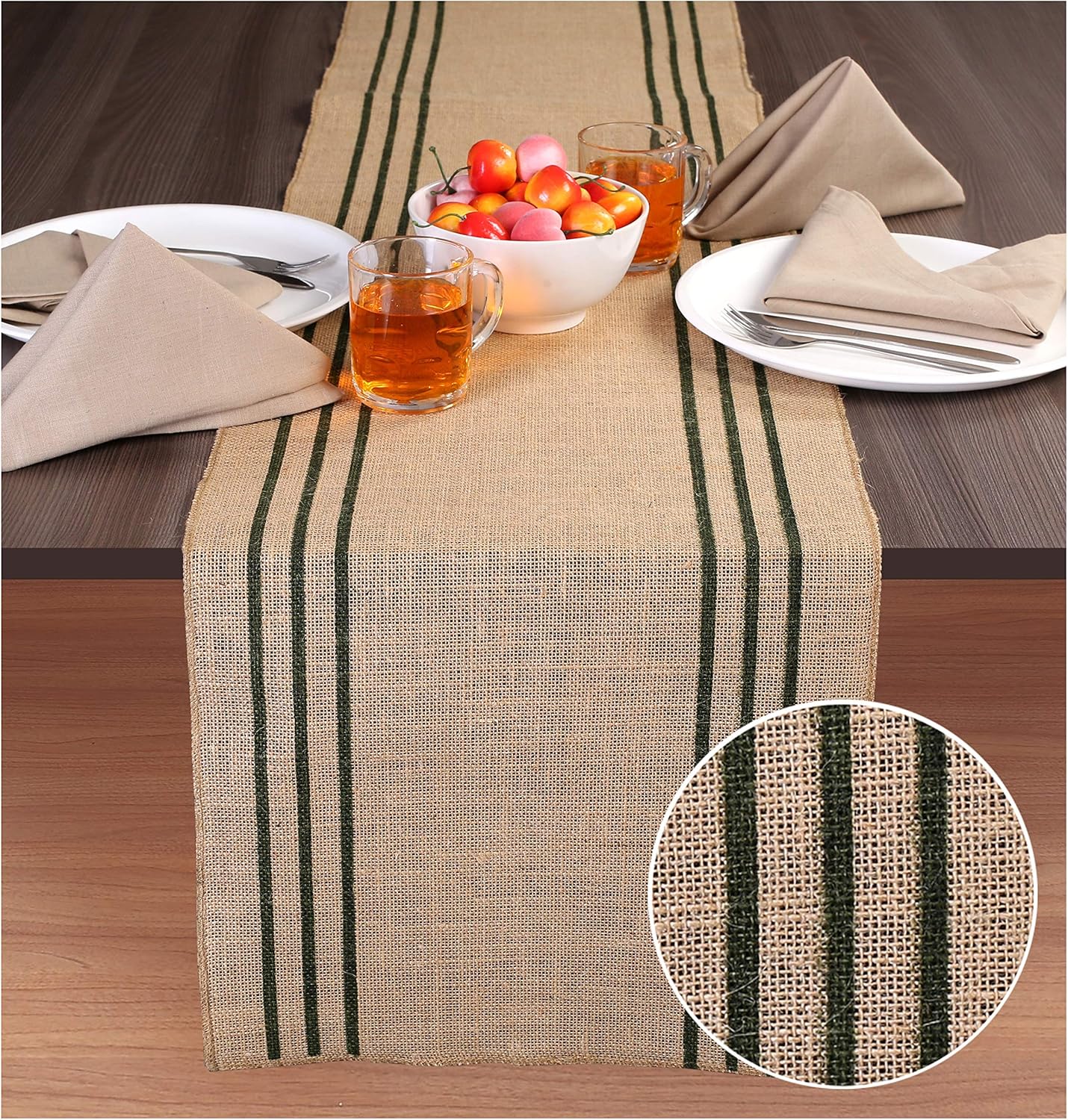 Burlap Table Runner in Printed Stripe Design 14x90 Natural