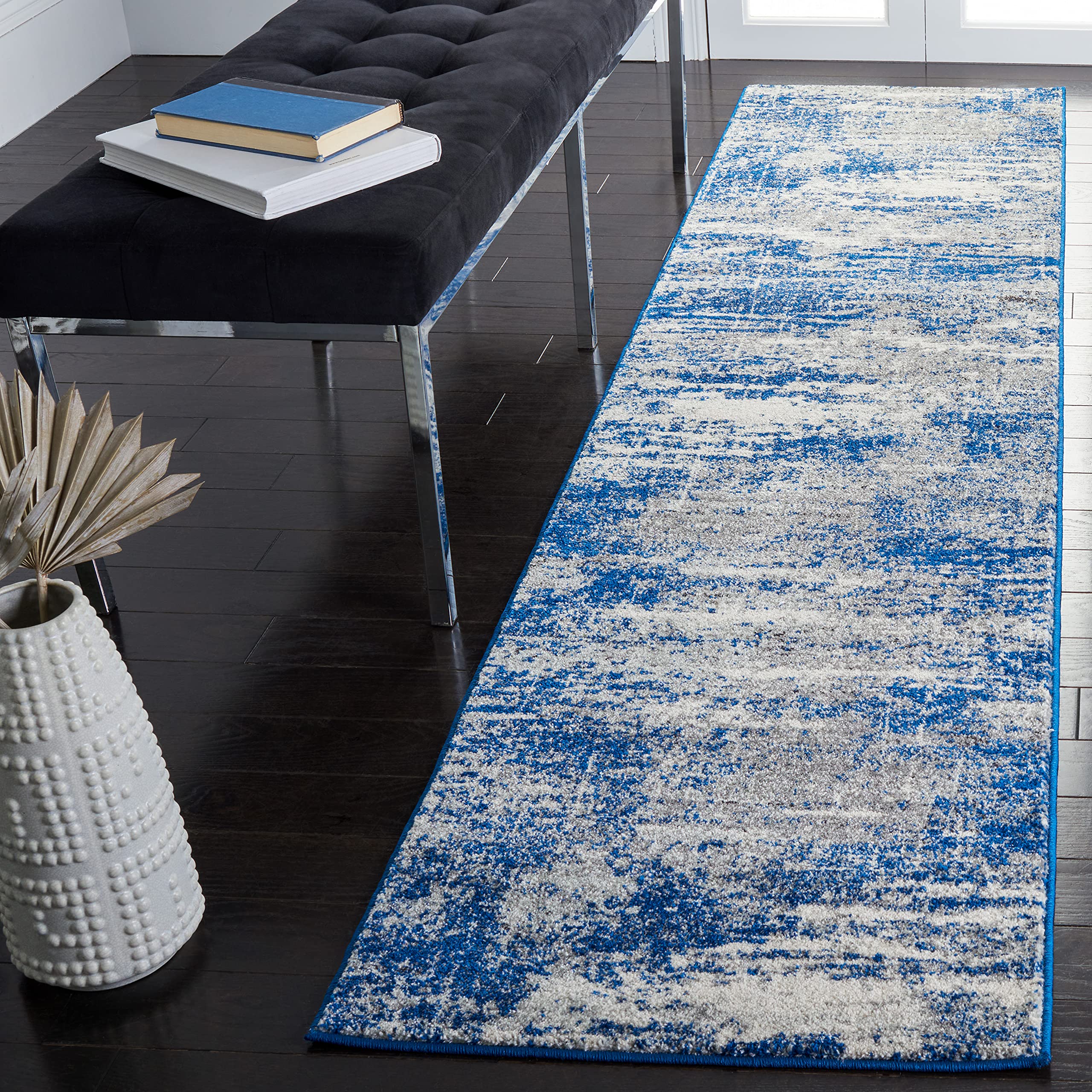 SAFAVIEH Evoke Collection Runner Rug - 2'2" x 9', Dark Blue & Grey, Modern Abstract Design, Non-Shedding & Easy Care, Ideal for High Traffic Areas in Living Room, Bedroom (EVK272L) Image