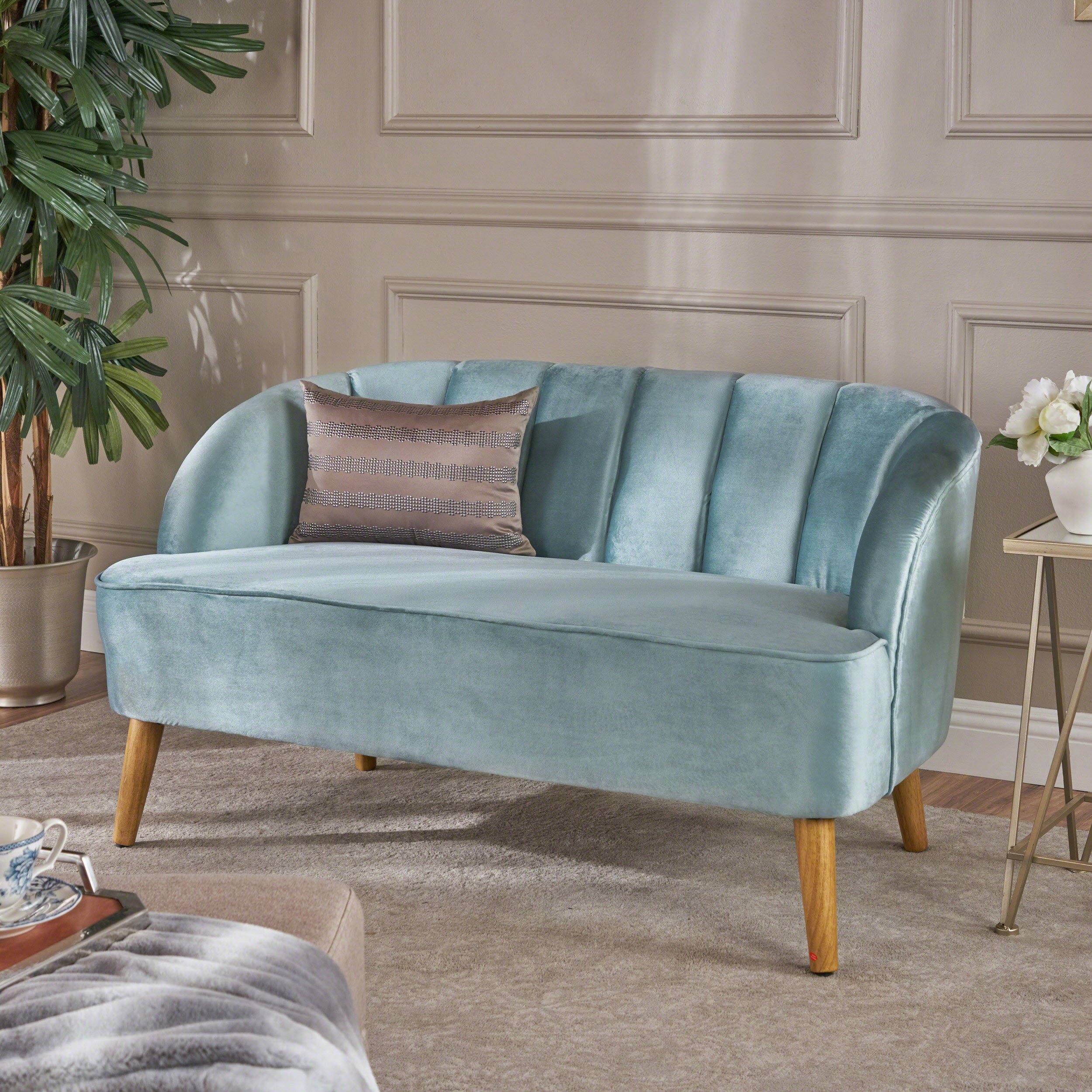 Amaia Velvet Sofa, Seafoam Blue/Walnut