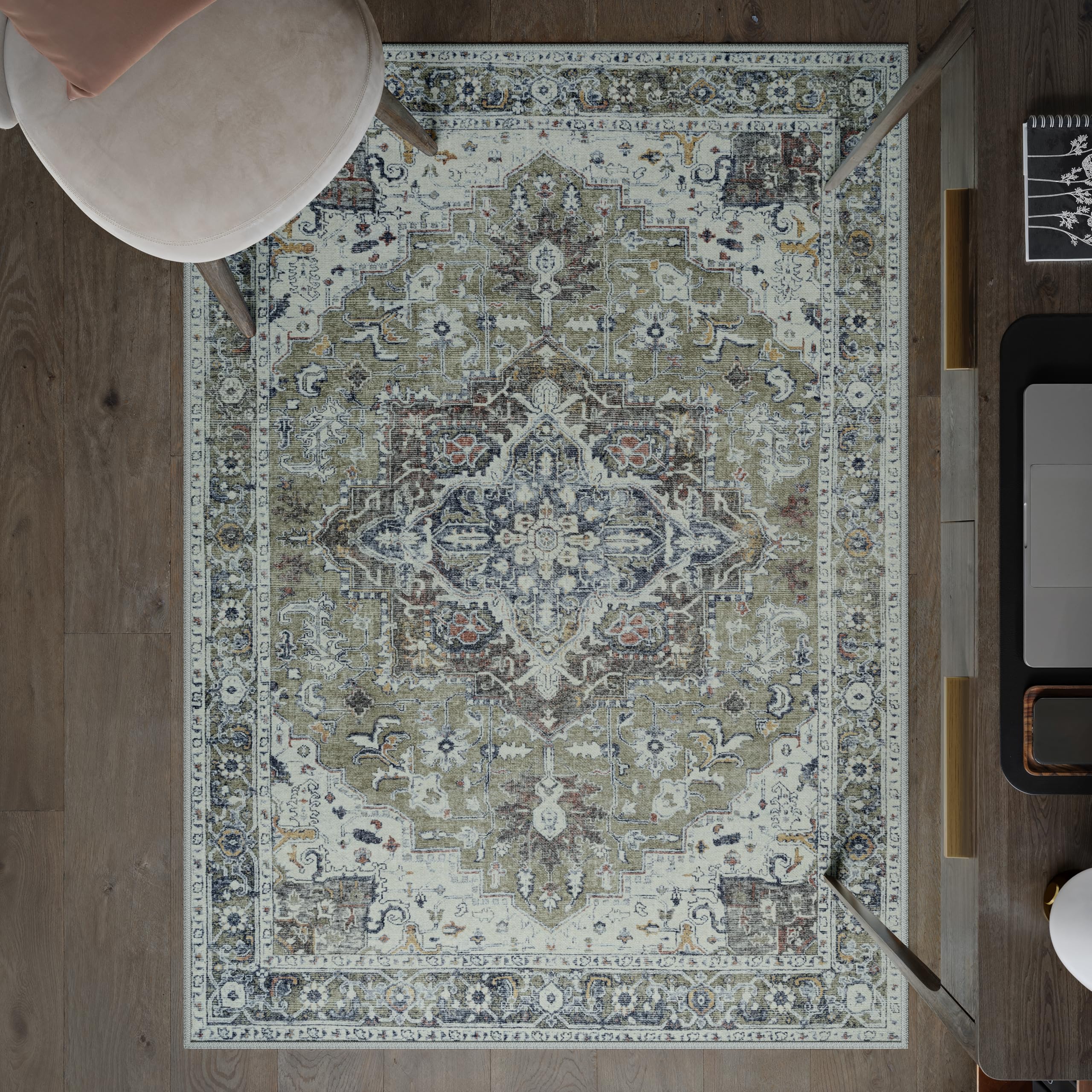 artyrugs Machine Washable Rug, 122x170cm, 75% Recycled Cotton, Short Pile, Non-Slip Backing, Non-Shedding, Suitable for Living Room, Bedroom, Kitchen, Hallway, Office, Brook Sage & Blue