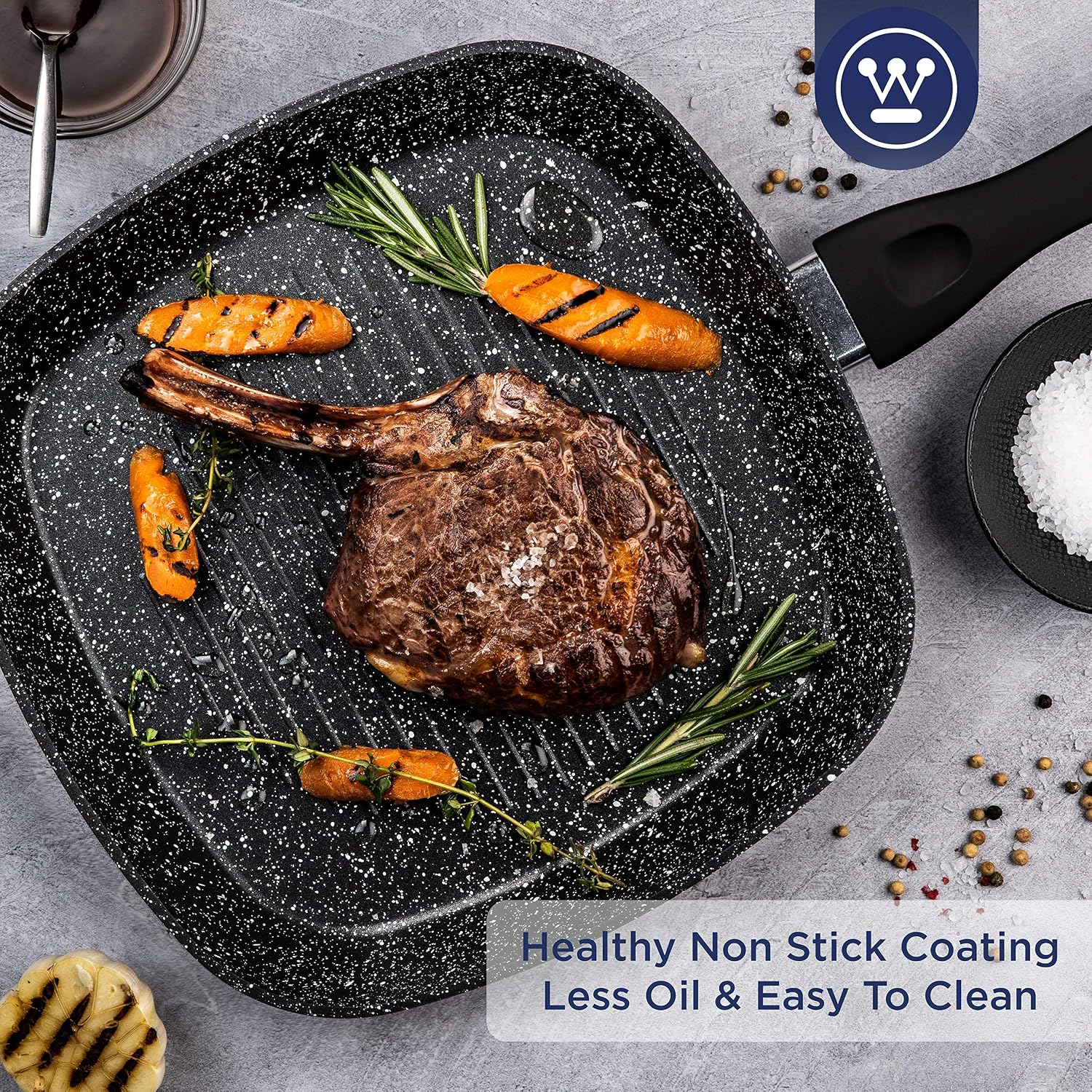 Westinghouse Griddle Pan Non Stick - diameter 28 cm Grill Pan for Indution Gas Electric & Ceramic Hob - Black Marble - Image 3