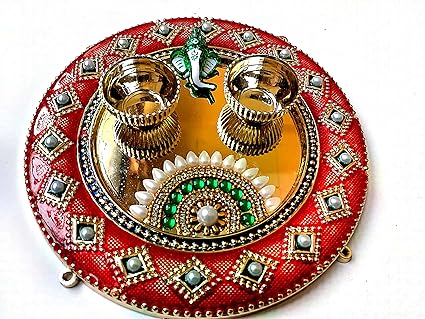 Anayas Studio Decorative Acrylic Haldi Kumkum Small Pooja Thali Set for Rakshabandhan and Festival Puja with Ganesh(5.5inches)