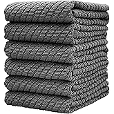 Premium Kitchen Towels (16”x 25”, 6 Pack) | Large Cotton Kitchen Hand Towels | Dish Towels | Diagonal Weave Design | 445 GSM Highly Absorbent Tea Towels Set with Hanging Loop | Grey