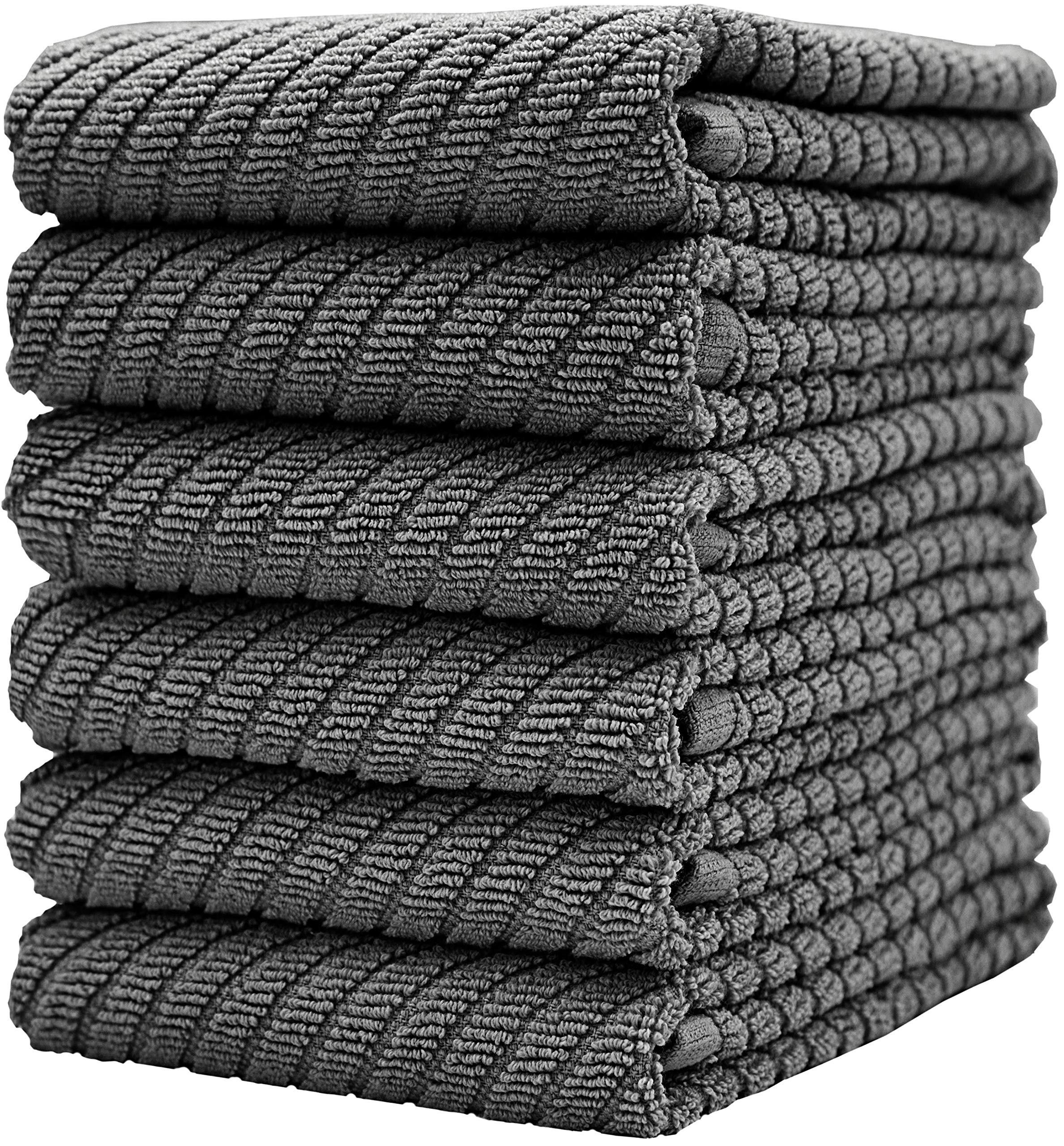 Bumble Deluxe Tea Towels 6-Pack / 16” x 25” / 41 x 63 cm/Premium Ultra Absorbent Cotton Dish Towels/Quick Drying Tea Towels/Diagonal Weave Thick 2-Ply/Long Lasting (Grey)