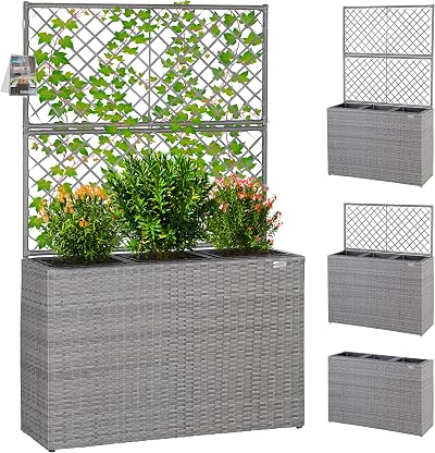 CASARIA Large Rattan Garden Trough Planter With Trellis 3 Pots Grey