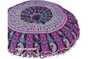 THIRD EYE EXPORT Boho Room Decor Aesthetic: Vintage Indie Purple 32 Inches Indian Mandala Round Pillows Meditation Cushion Cover, Perfect for Cottagecore, Dorm Room & Funky Apartment Hippie Room Decor (Purple 4)
