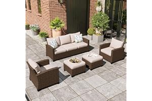 MIXPATIO Patio Furniture Set, 5 Pcs Wicker Outdoor Conversation Set, 2 x Single Chairs, 1 x 3 Seater Sofa and 2 x Ottoman with 4" Thick Cushion, Beige