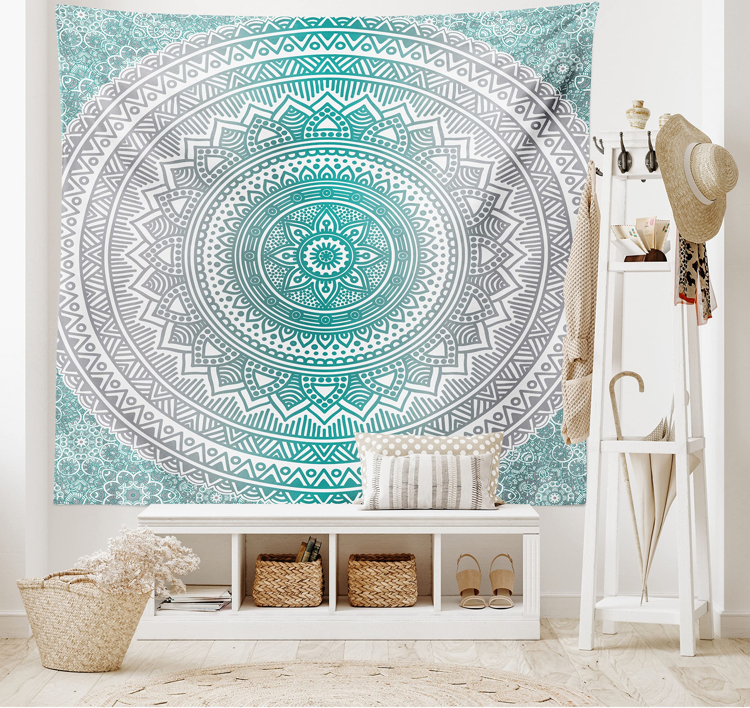 ABAKUHAUS Grey and Teal Tapestry, Mandala Ombre Design Space Geometric Center Point Boho Meditation Art, Fabric Wall Hanging Decor for Bedroom Living Room Dorm, 90 W X 54 L, Grey Teal