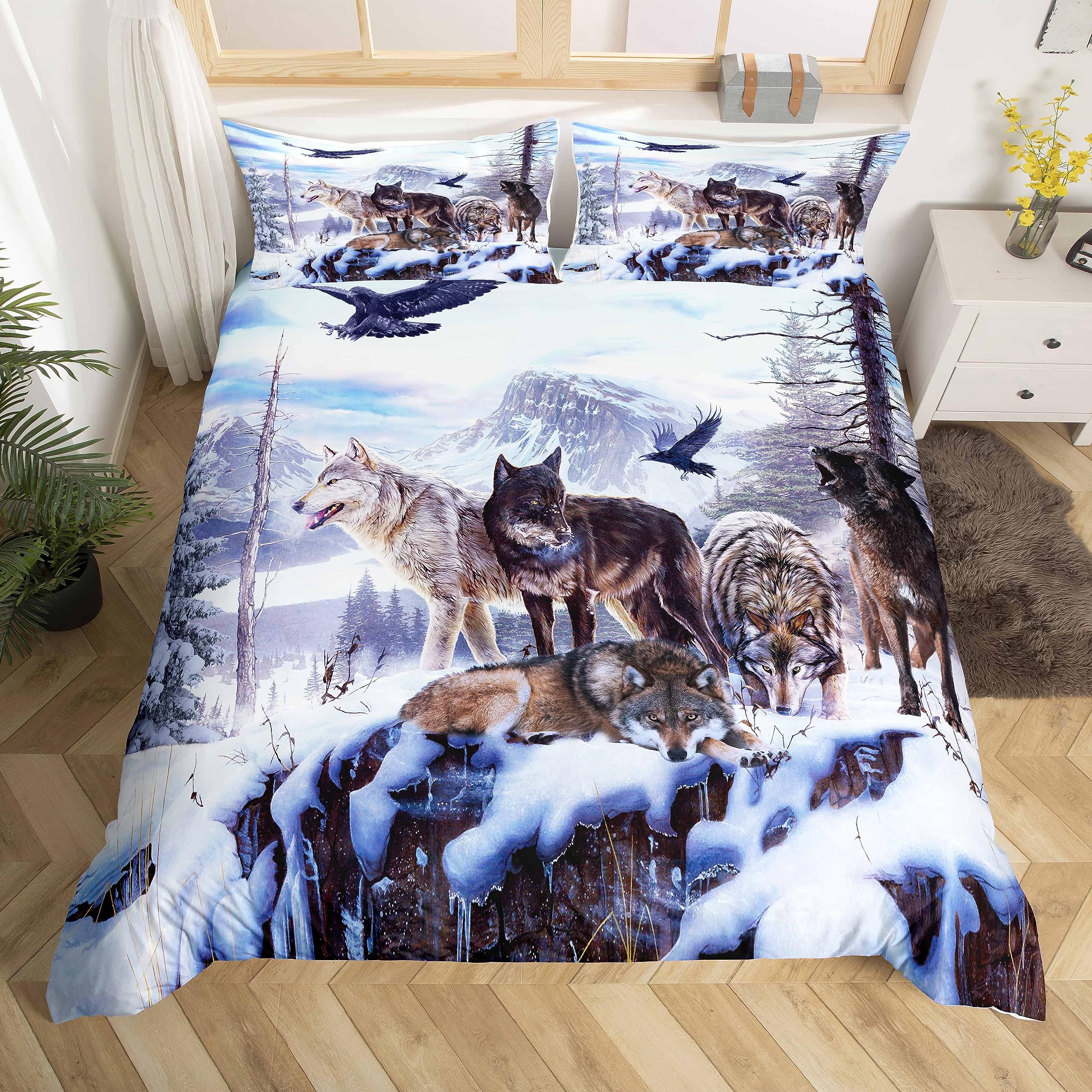 Loussiesd 3D Wolf Duvet Cover Set King Size Animals Print Bedding Set for Boys Men Lightweight Wildlife Microfiber Polyester Comforter Cover with 2 Pillow Shams, Zipper, Snow Forest 3 Pieces Boys — image 1