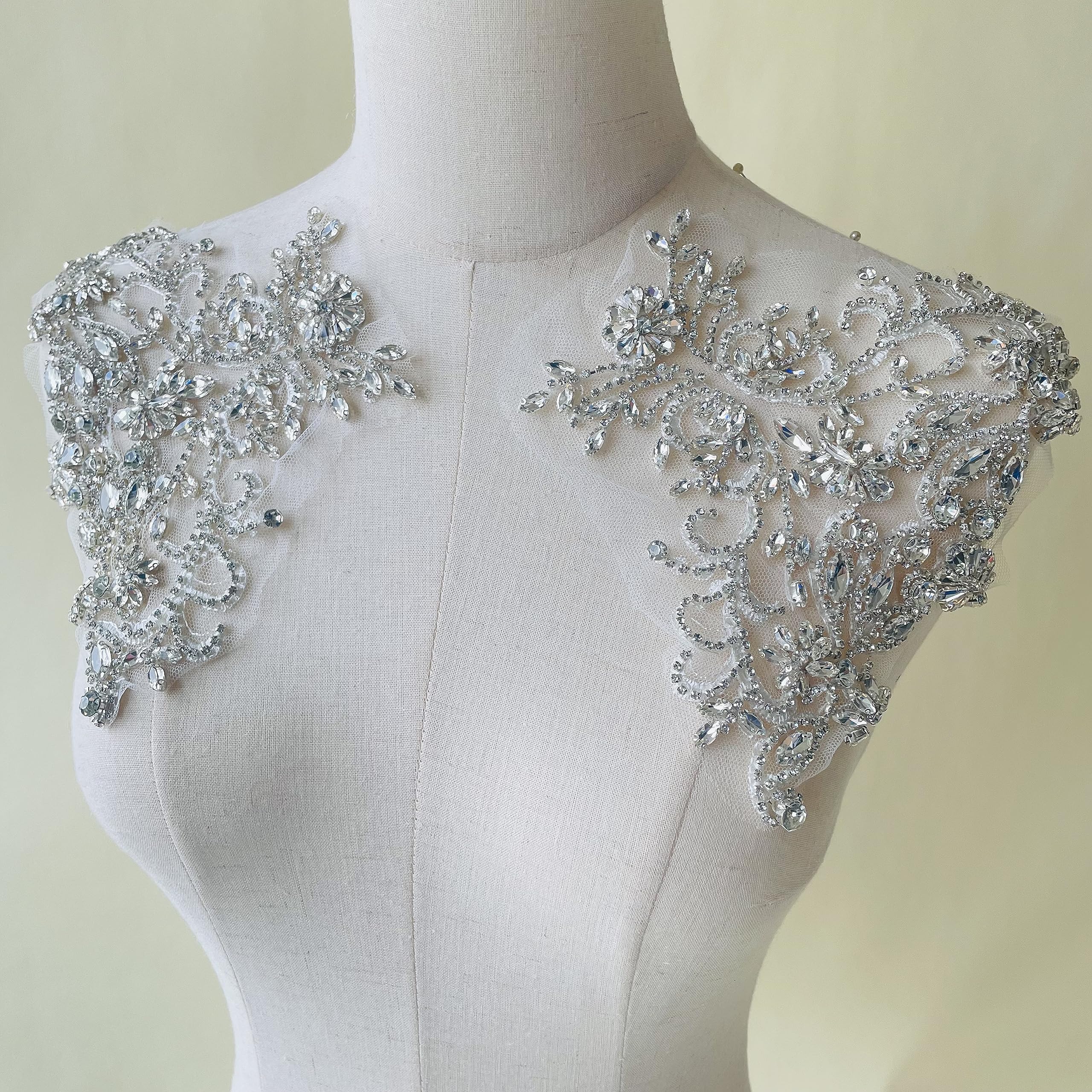 Mirror Pair Bridal Shoulder Applique Rhinestone Crystal Patches for Wedding Dresses DIY Party Costumes 1 Pair