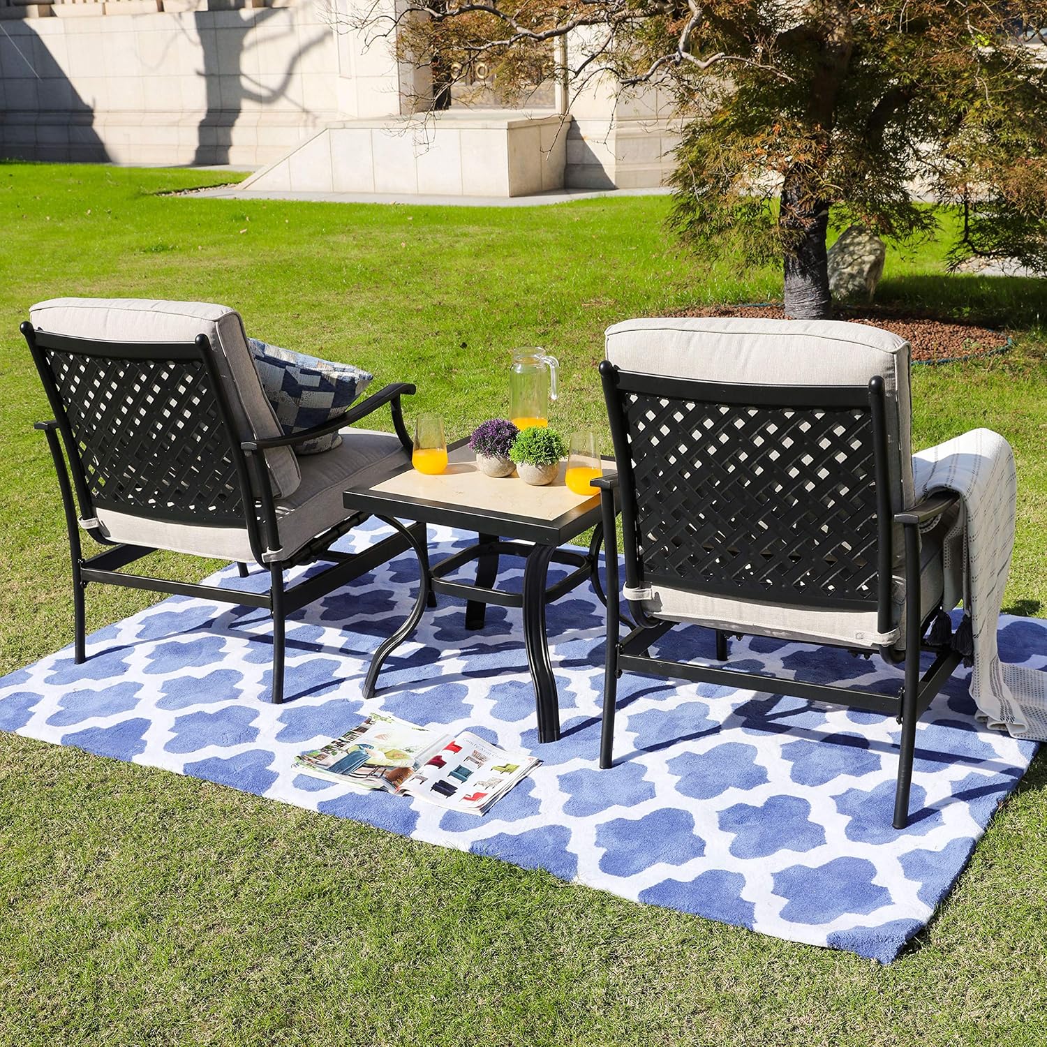 LOKATSE HOME 3 Pcs Outdoor Conversation Furniture Patio Bistro Set Modern Metal Chair with Cushion & Square Coffee Table, Beige : Garden & Outdoor
