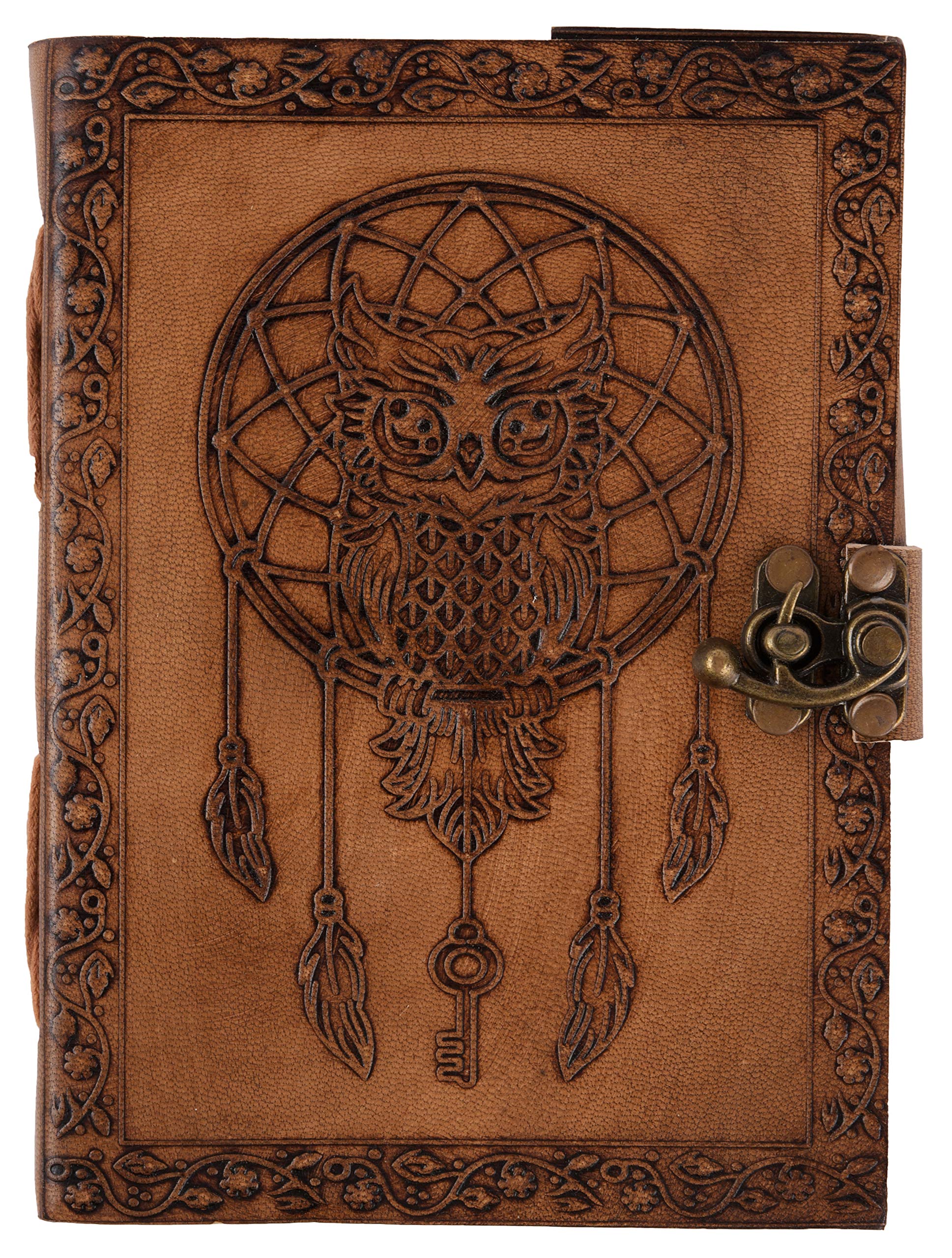 Leather Journal 7 x 5 Inch 220 Page Journal, Vintage Owl Embossed Blank Book, Sketchbook, Notebook Leather Journal (Handmade Unlined Paper) Pocket style with Lock Closure for Men and Women (Vintage