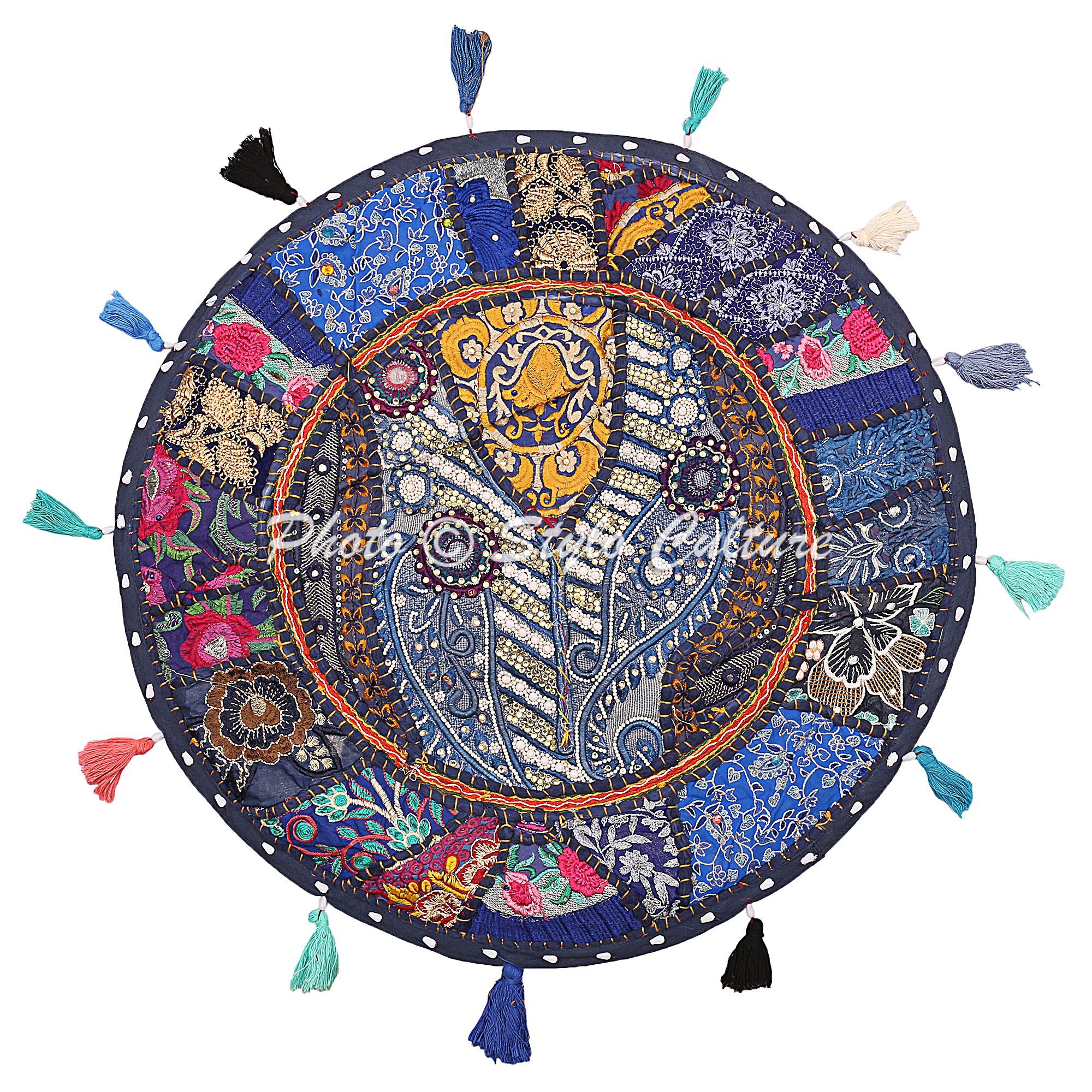 Stylo Culture Decorative Bohemian Kids Floor Pillow Scatter Cushion Cover Dark Blue 55cm x 55cm Vintage Patchwork Living Room Round Small 22 Inch Living Room Cotton Embroidered Seating Pouffe Cover