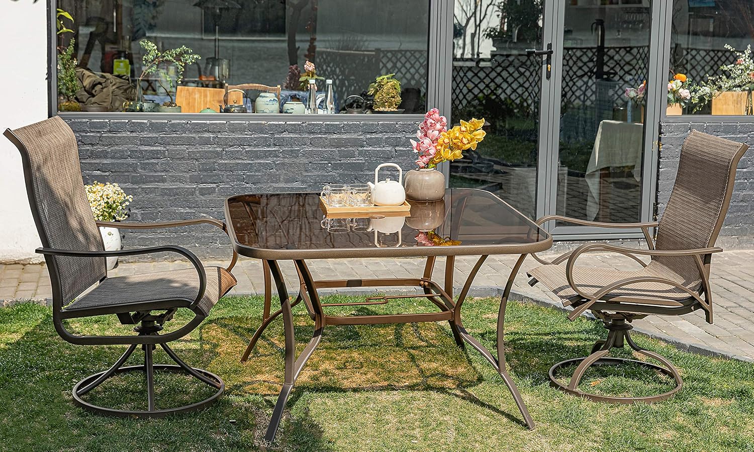 40" Outdoor Patio Dining Table Metal Square Bistro Coffee Table Furniture, Golden Brown Tempered Glass Top with Umbrella Hole: Kitchen & Dining
