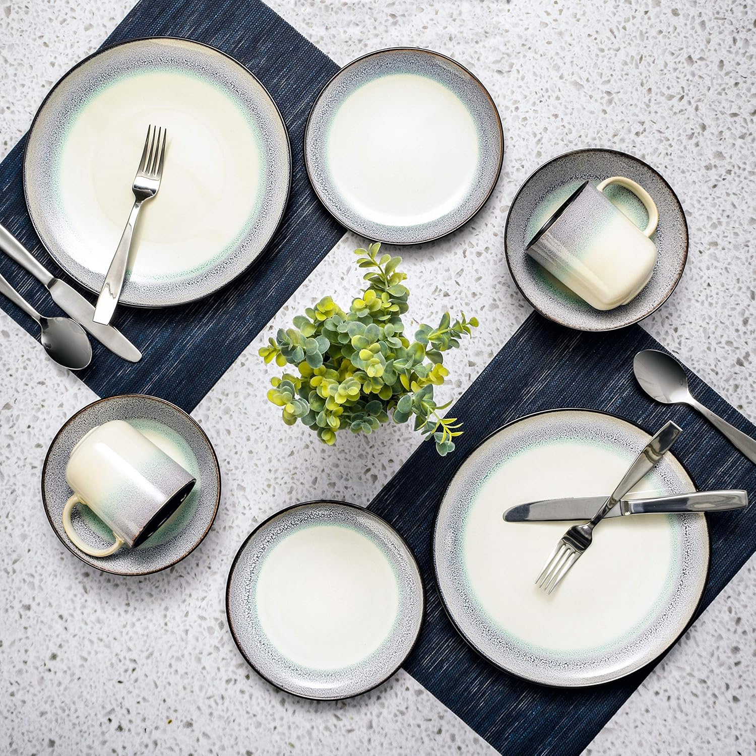  | Gibson Elite Rings of Saturn Round Reactive Glaze Stoneware Dinnerware Set, Service for Four (16pcs), Teal Blue: Dinnerware Sets