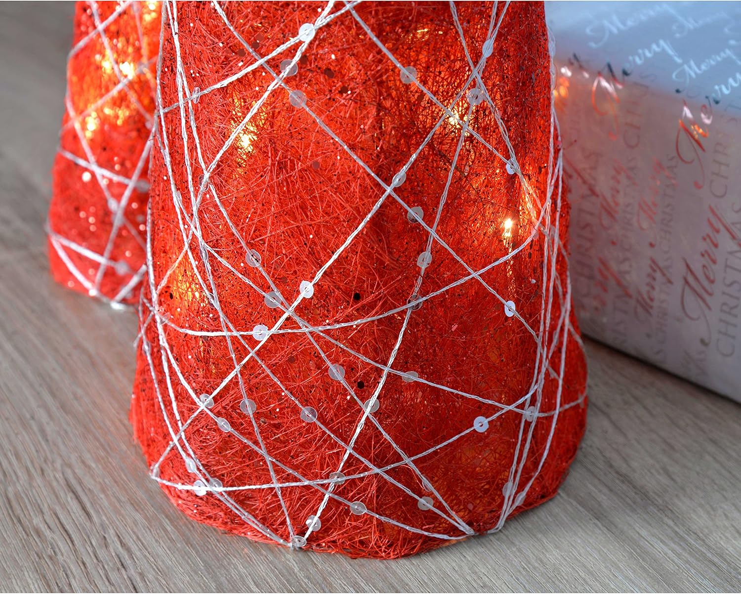 WeRChristmas Pre-Lit Sisal LED Tree Cones Woven Silver Glitter String, 41/51/61 cm - Red, Set of 3, 20 x 20 x 61 cm - Image 4