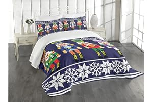 Lunarable Nutcracker Bedspread, Colorful Retro Style Pattern with Xmas and Scandinavian Motifs, Decorative Quilted 3 Piece Coverlet Set with 2 Pillow Shams,King Size, Indigo White