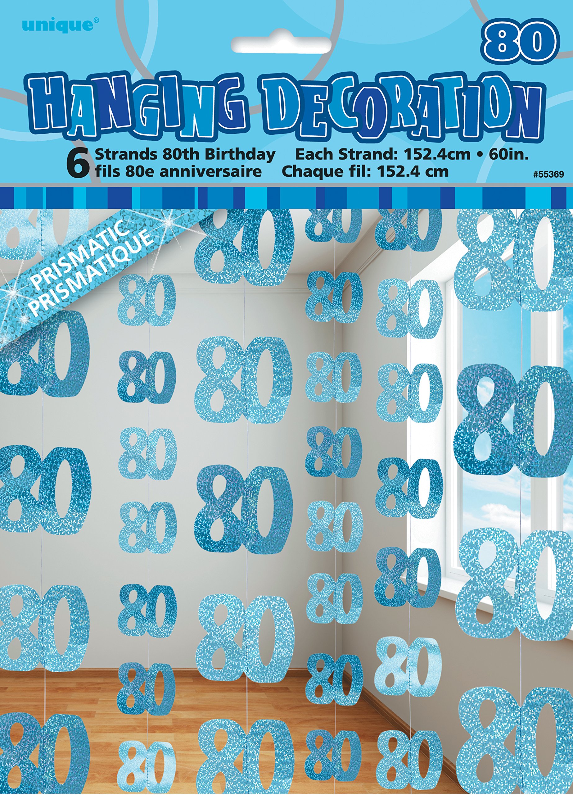 Unique Party 55369 - 5ft Hanging Glitz Blue 80th Birthday Decorations, Pack of 6 โ image 1