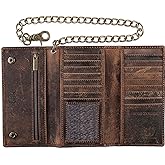F&L CLASSIC RFID Blocking Mens Tri-fold Long Style Cowhide Leather Steel Chain Wallet,buffalo vintage leather
