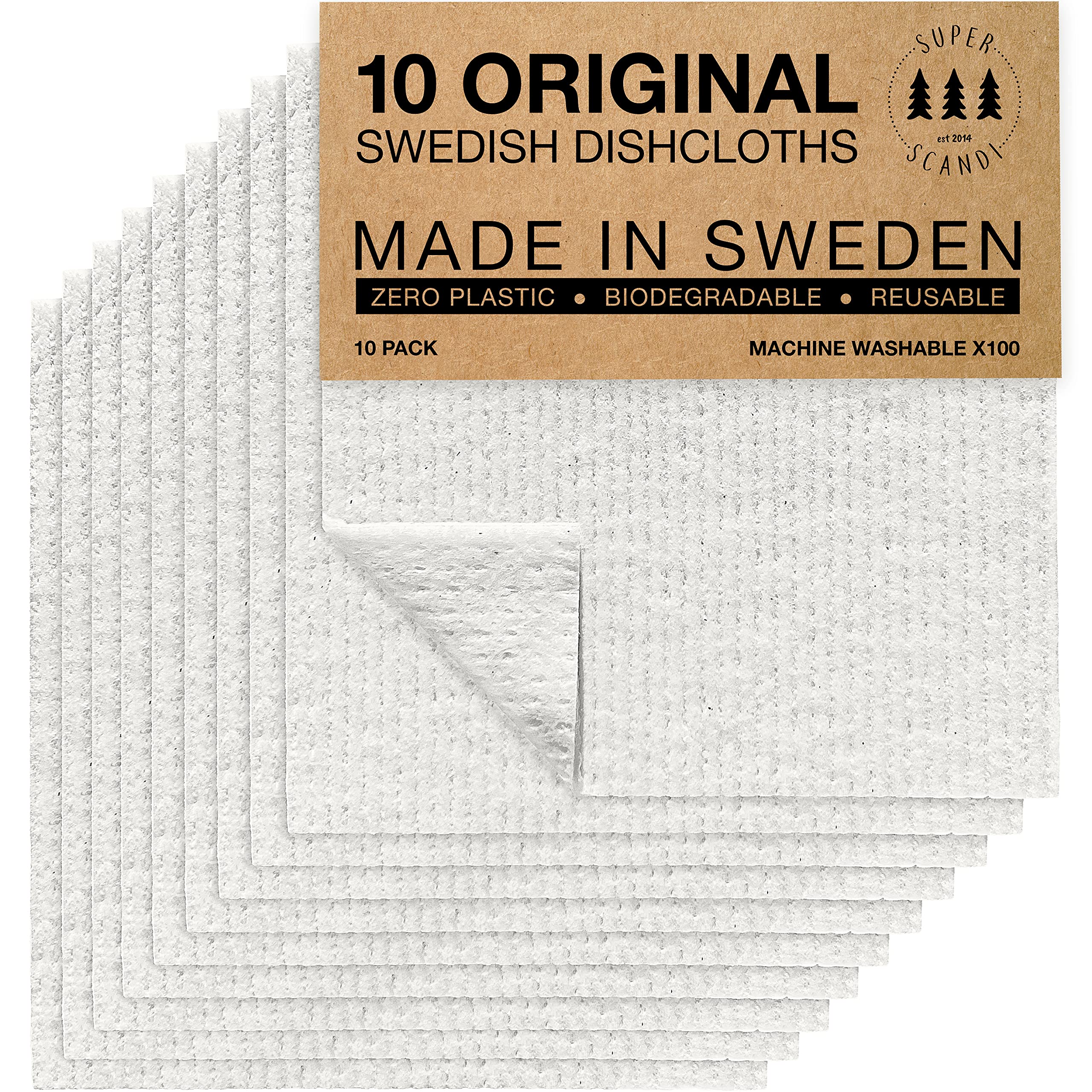SUPERSCANDI 10 Pack Reusable Cleaning Cloths - 100% Biodegradable & Compostable | Washable Swedish Dishcloth - Food-Safe & Plastic-Free | Kitchen Cloth Suitable for Any Surface, White