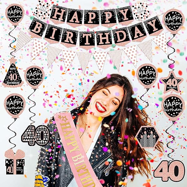 40TH BIRTHDAY DECORATIONS FOR WOMEN – (76PACK) ROSE GOLD PARTY BANNER, PENNANT, HANGING SWIRL, BIRTHDAY BALLOONS, FOIL BACKDROPS, CUPCAKE TOPPER, PLATES, PHOTO PROPS, BIRTHDAY SASH FOR GIFTS WOMEN