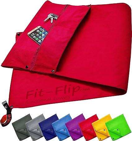 Fit-Flip 3-TLG Fitness-Handtuch Set mit Reißverschluss Fach + Magnetclip + extra Sporthandtuch | zum Patent angemeldetes Mult