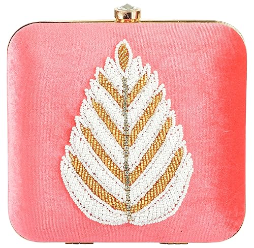 Tooba Handicraft Party Wear Hand Embroidered Box Clutch Bag Purse For Bridal, Casual, Party, Wedding (Pink Velvet)