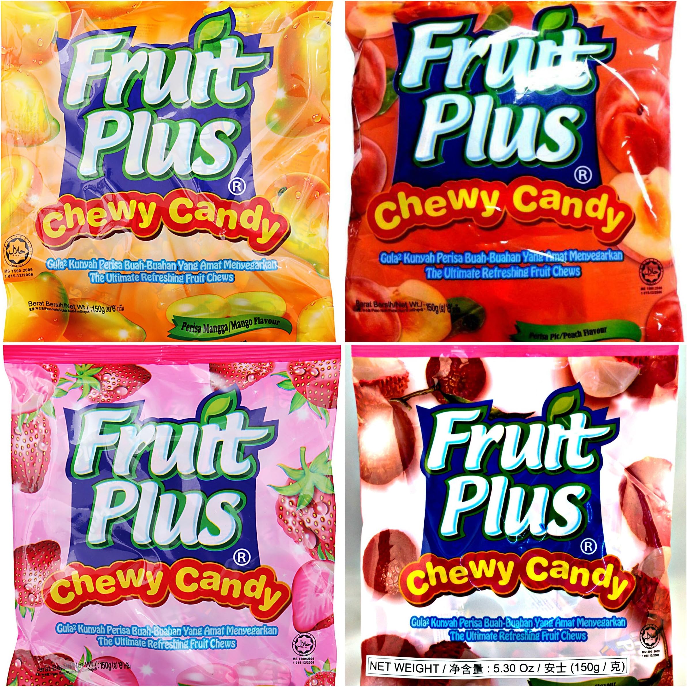 Fruit Plus 4 Flavor Pack Combo Mango Strawberry Lychee Peach 5.3 oz Chewy Candy