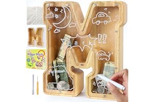 weallbuy Large Letter Piggy Bank for Kids Boys Girls Wooden Personalized Piggy Banks A-Z with Target Area Clear Alphabet Banknote Coin Banks for Gift Decoration Baptism (M)