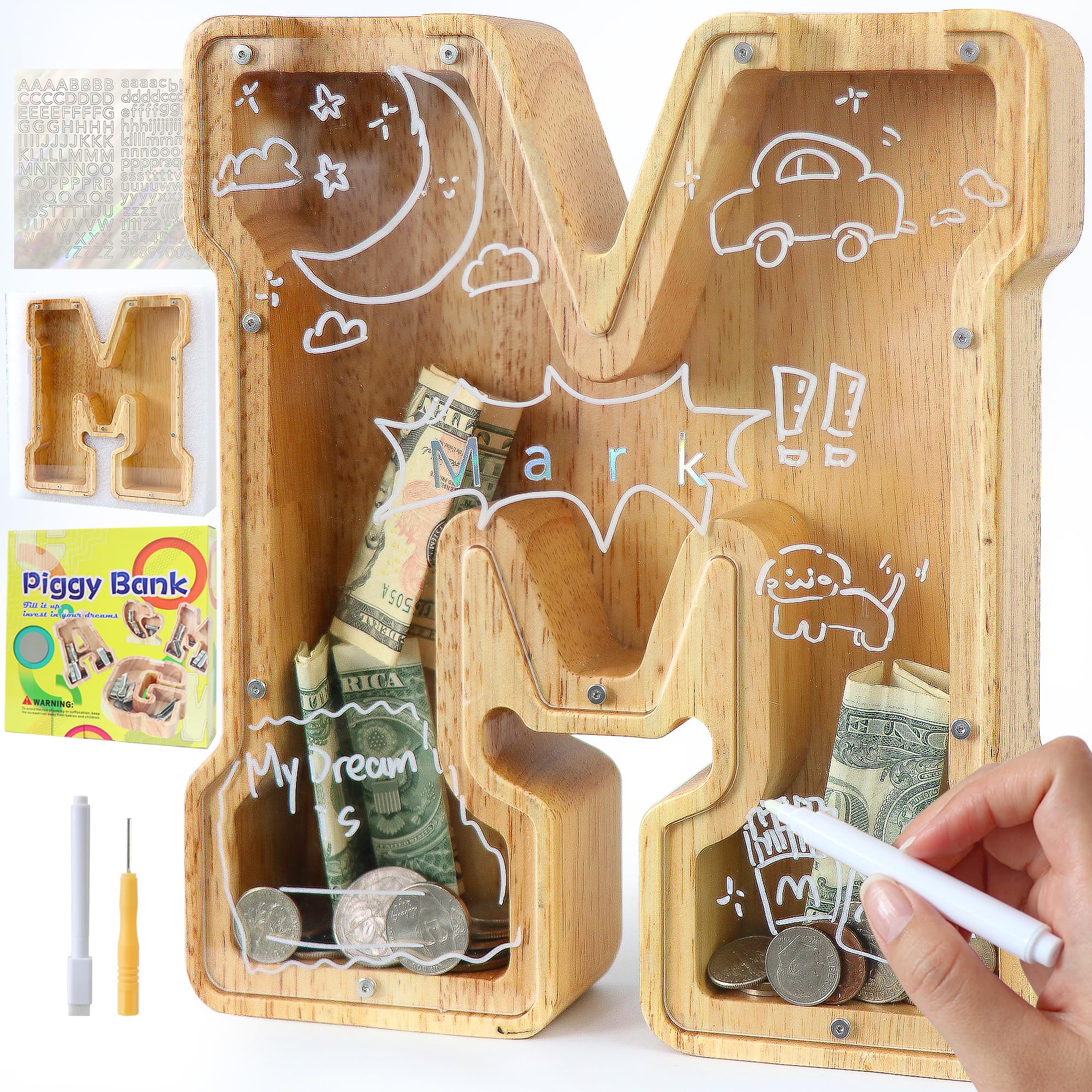 Mikytoper Letter Money Box for Kids Large Wooden Personalized A-Z Piggy Bank Clear Alphabet Money Bank Coin Bank for Gift Decoration Baptism (M)