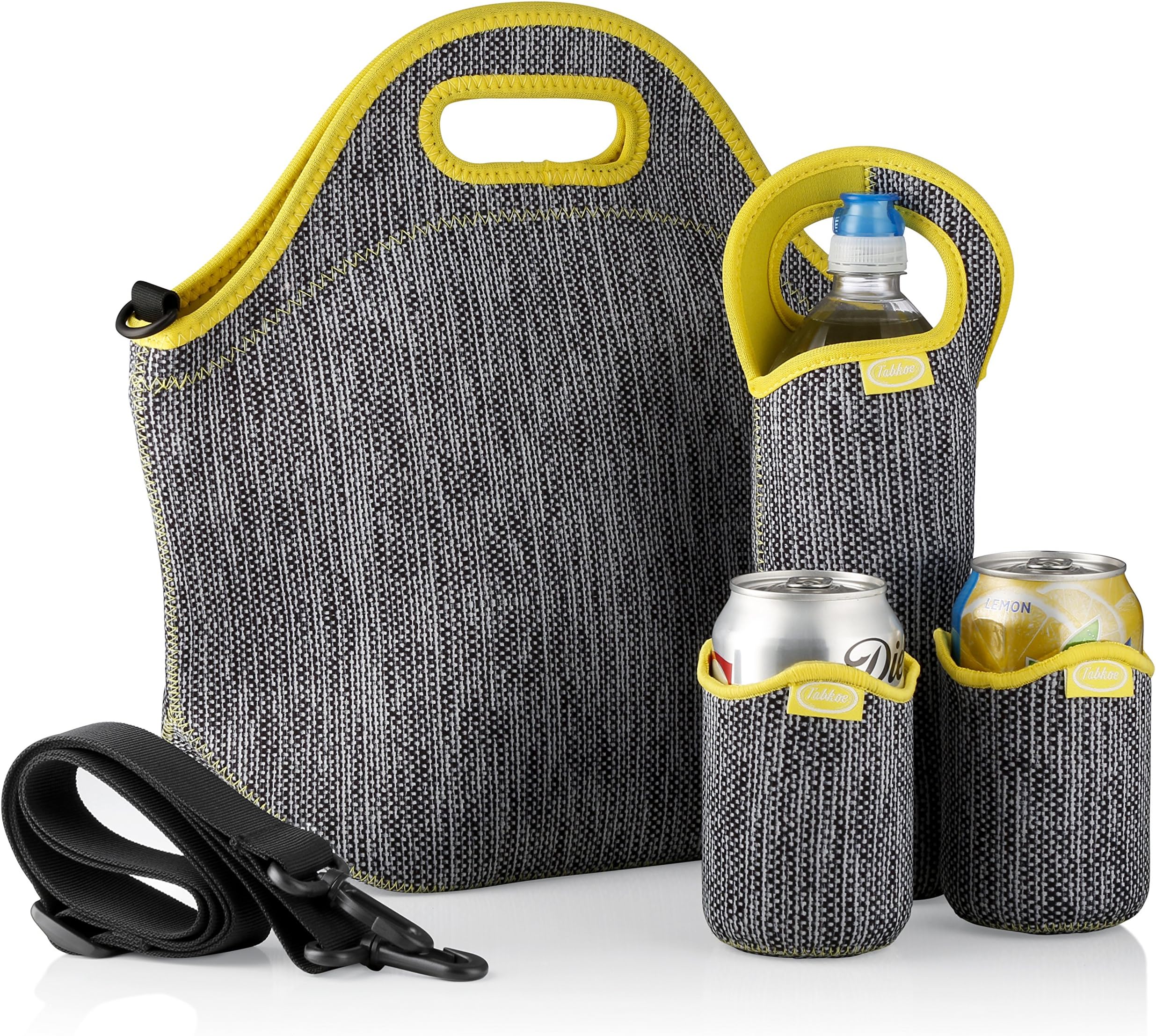 Tabkoe Insulated Neoprene Lunch Bag Set with Tote, Bottle Sleeve, 2 Can Insulators & Adjustable Crossbody Shoulder Strap | Washable, Reusable, Stretchy, Extra Large Travel Lunch Box (Gray Yellow)