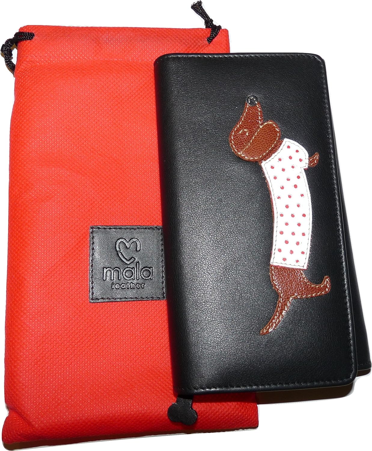 Mala Leather Sausage Dog Large Purse, Genuine Soft Leather, Dachshund Design, Black, Zip & Slip Pockets, Style 3304/65