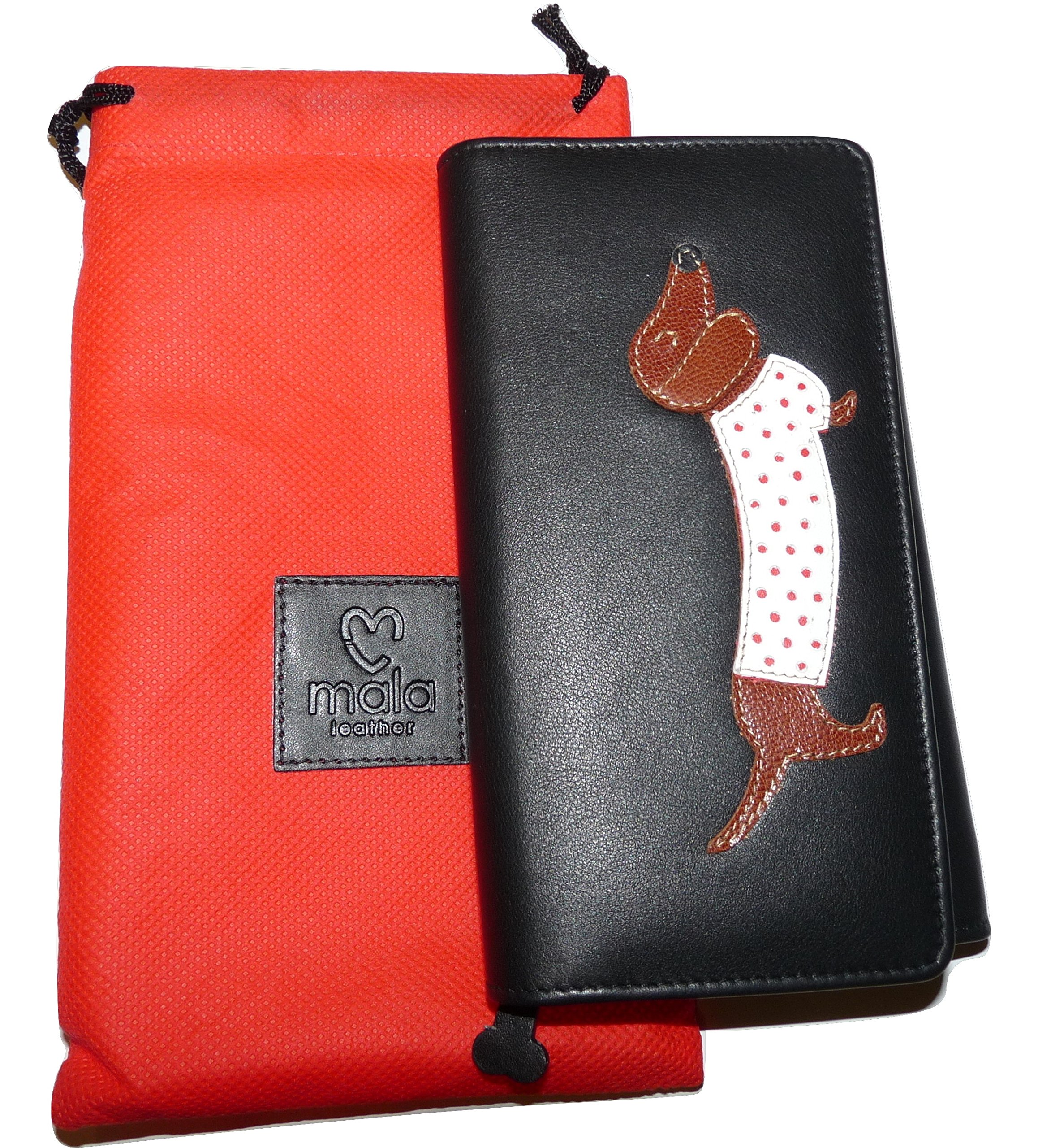 Mala Leather Sausage Dog Large Purse – Genuine Soft Leather – Dachshund Design – Black – Zip & Slip Pockets – Style 3304/65 – Cute & Practical Wallet for Women