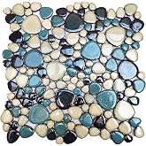 Primoon Pebble Tiles 5 Sheets, Aqua Teal Blue Mosaic Tiles for Accent Wall Backsplash, Pebble Tile for Bathroom Shower Floor