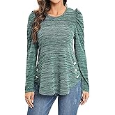 MOQIVGI Womens Puff Shoulder Long Sleeve Tops Trendy Dressy Casual Crew Neck Blouse Shirts