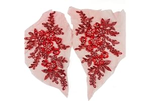 Heyiwell 1 Pair 3D Sequin Beads Flower Embroidery Patches Applique Lace Floral Motif for Wedding Dress Sewing Lace Decor 21x12cm(Red)
