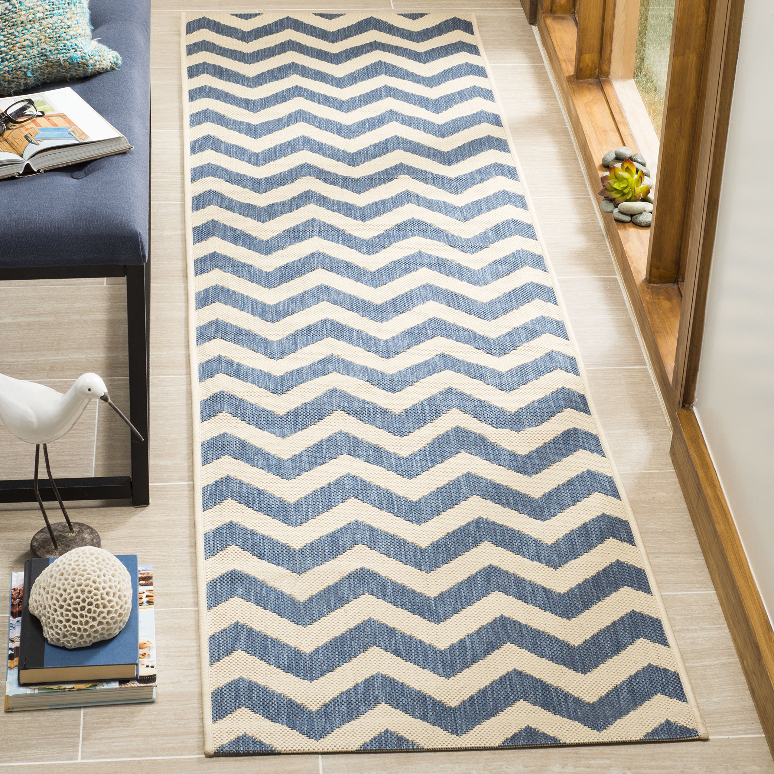 Safavieh Chevron Indoor/Outdoor Woven Runner Area Rug, Courtyard Collection, CY6244, in Blue / Beige, 69 X 244 cm for Garden, Patio or Any Outdoor Space