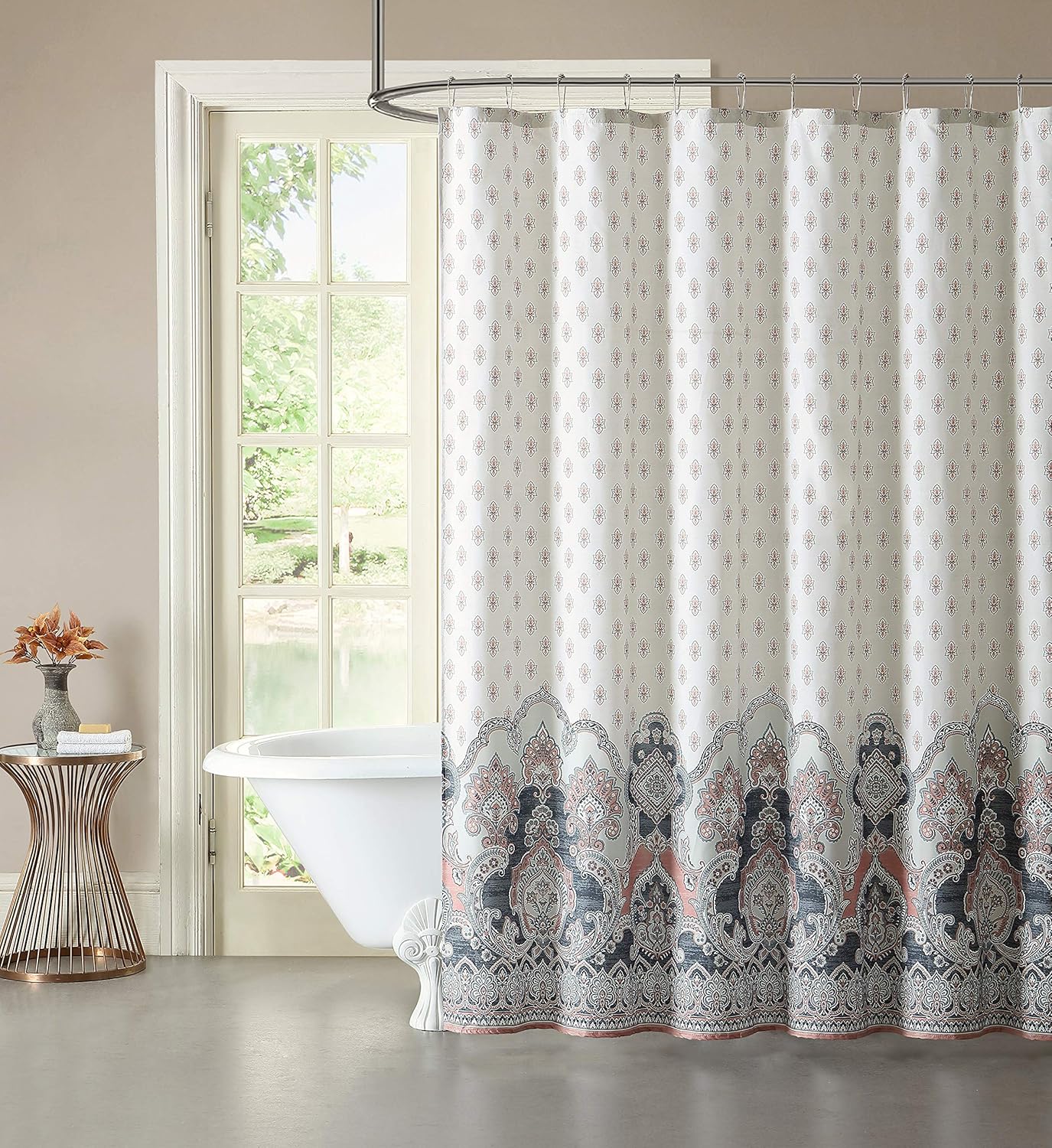 Elegant Estates Ivory Beige Blue Coral Fabric Shower Curtain