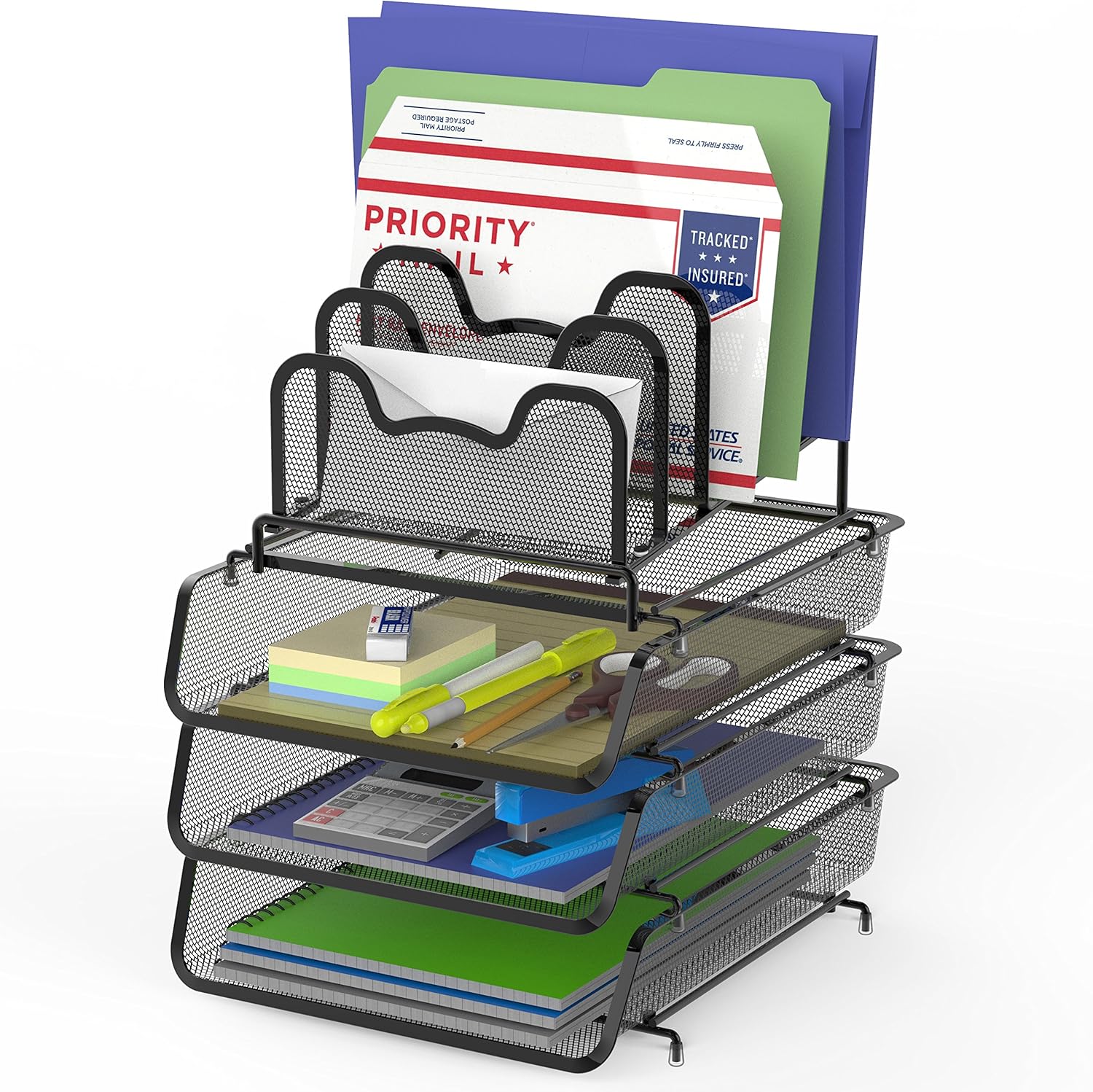 SimpleHouseware 3-Pack Stackable Desk File Document Letter Tray w/ 5 Compartments Step File Organizer, Black : Office Products