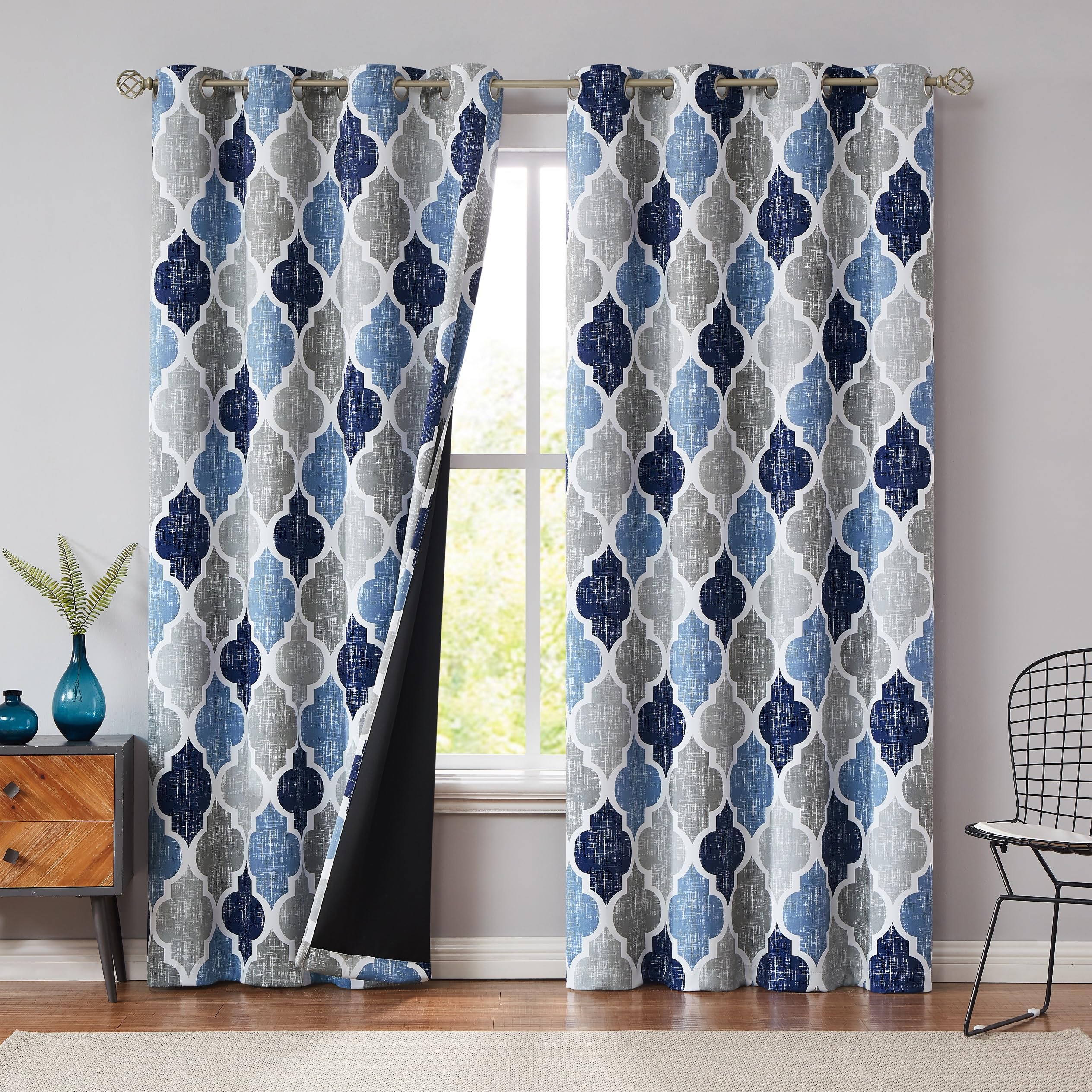 Beauoop Blue Grey Blackout Curtains for Bedroom 72 Inch Drop Geometric Curtains Lattice Moroccan Print Room Darkening Thermal Insulated Energy Efficient Window Curtain Drapes 2 Panels
