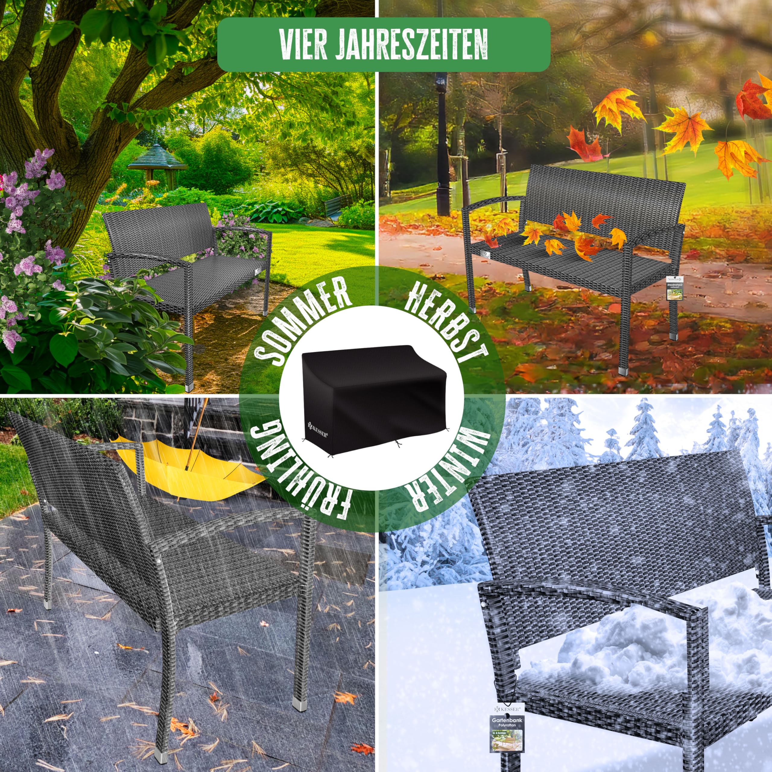 KESSER® Gartenbank Polyrattan 2-Sitzer Wetterfest | Rattan Sitzbank UV-Beständig bis 320kg belastbar | Balkon Bank 125x62x90cm Garten-Möbel mit Cover & ergonomischen Armlehnen für 2 Personen Anthrazit 6