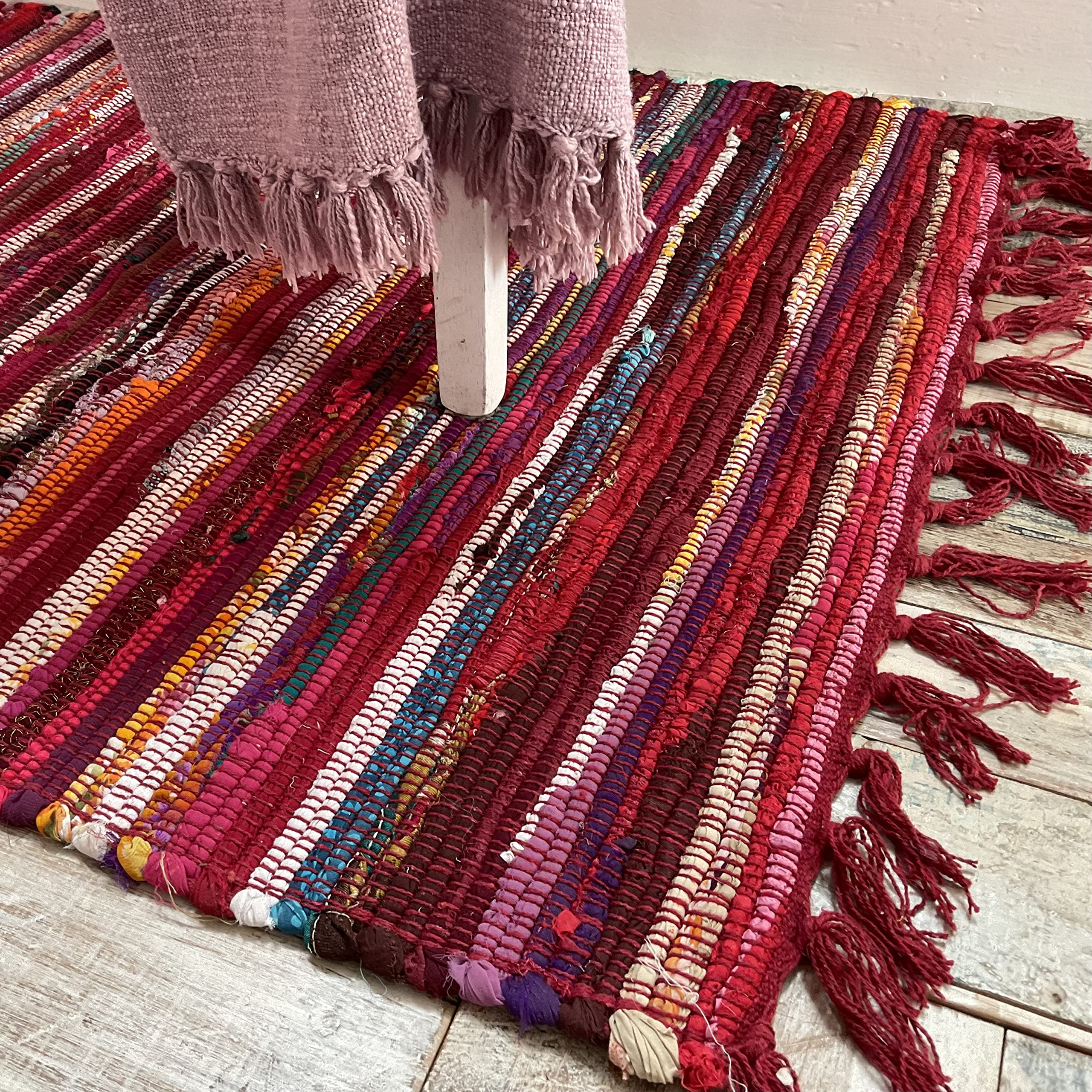 Second Nature Online Red Multi Colour Festival Rag Rug Medium Hand Made Reversible Mat GoodWeave Certified 75 cm x 120 cm