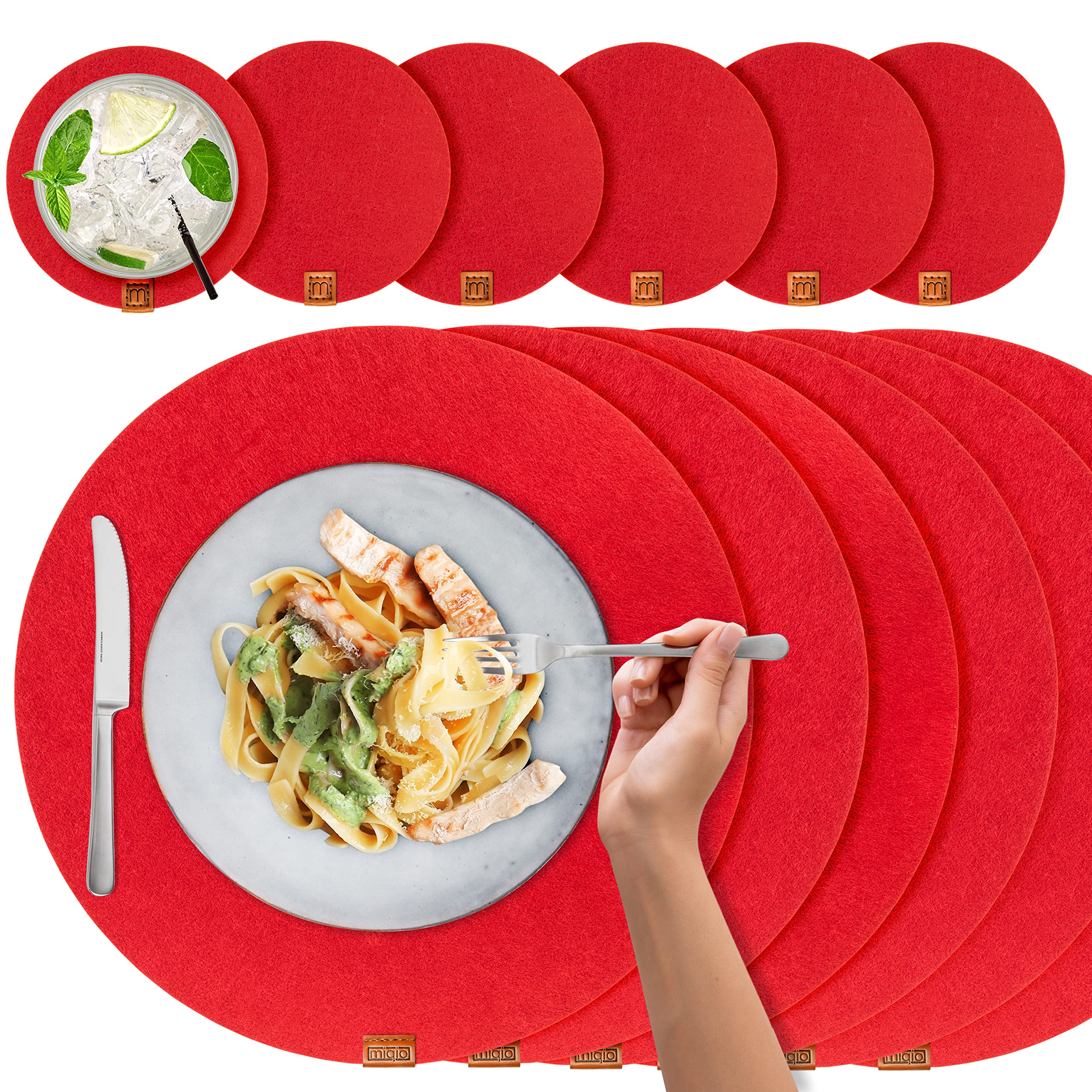 Miqio® Design Place Mats Set of 6 with Glass Underlays | Washable Felt Set | Red