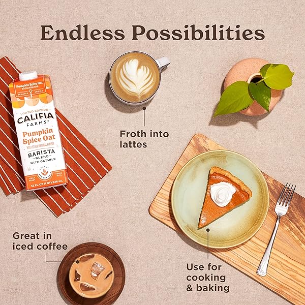 CALIFIA FARMS – PUMPKIN SPICE OAT BARISTA BLEND OAT MILK, 32 OZ, SHELF STABLE, DAIRY FREE, PLANT BASED, VEGAN, GLUTEN FREE, NON GMO, HIGH CALCIUM, MILK FROTHER, CREAMER, OATMILK