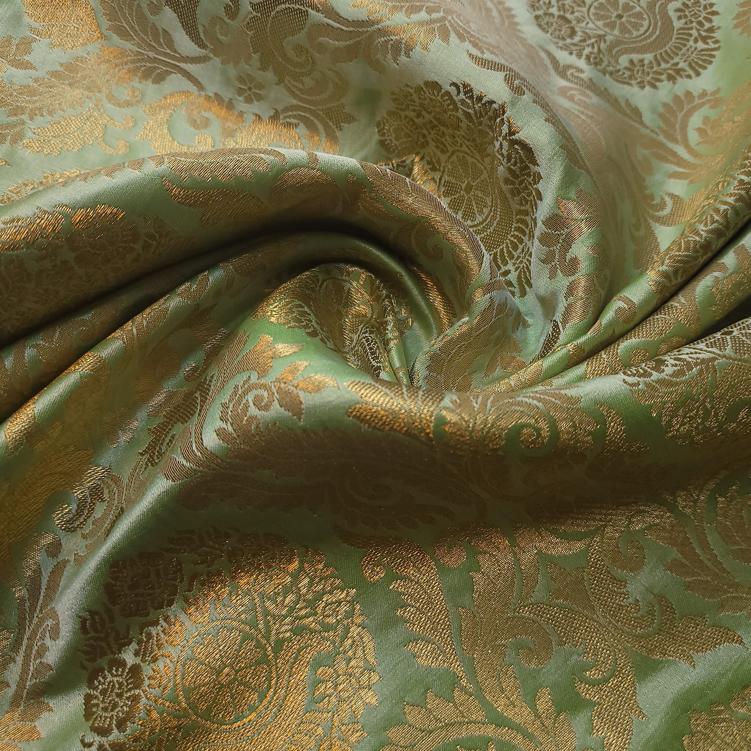 Floral Gold Leaf Damask Metallic Indian Banarasi Brocade Fabric Design 44" (Lime Green (B))