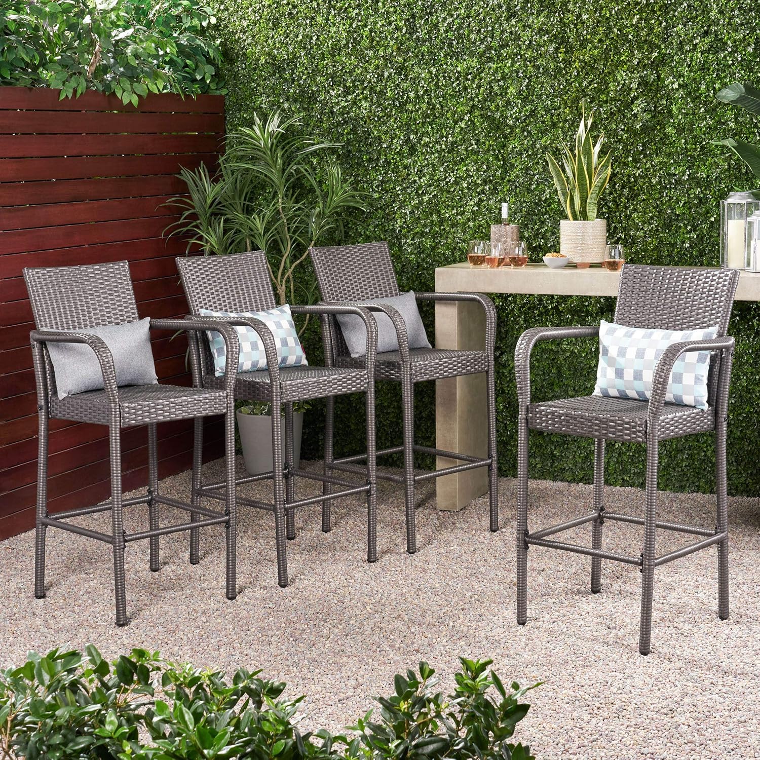 Christopher Knight Home Delfina Outdoor Wicker Barstools, 4-Pcs Set, Grey: Garden & Outdoor